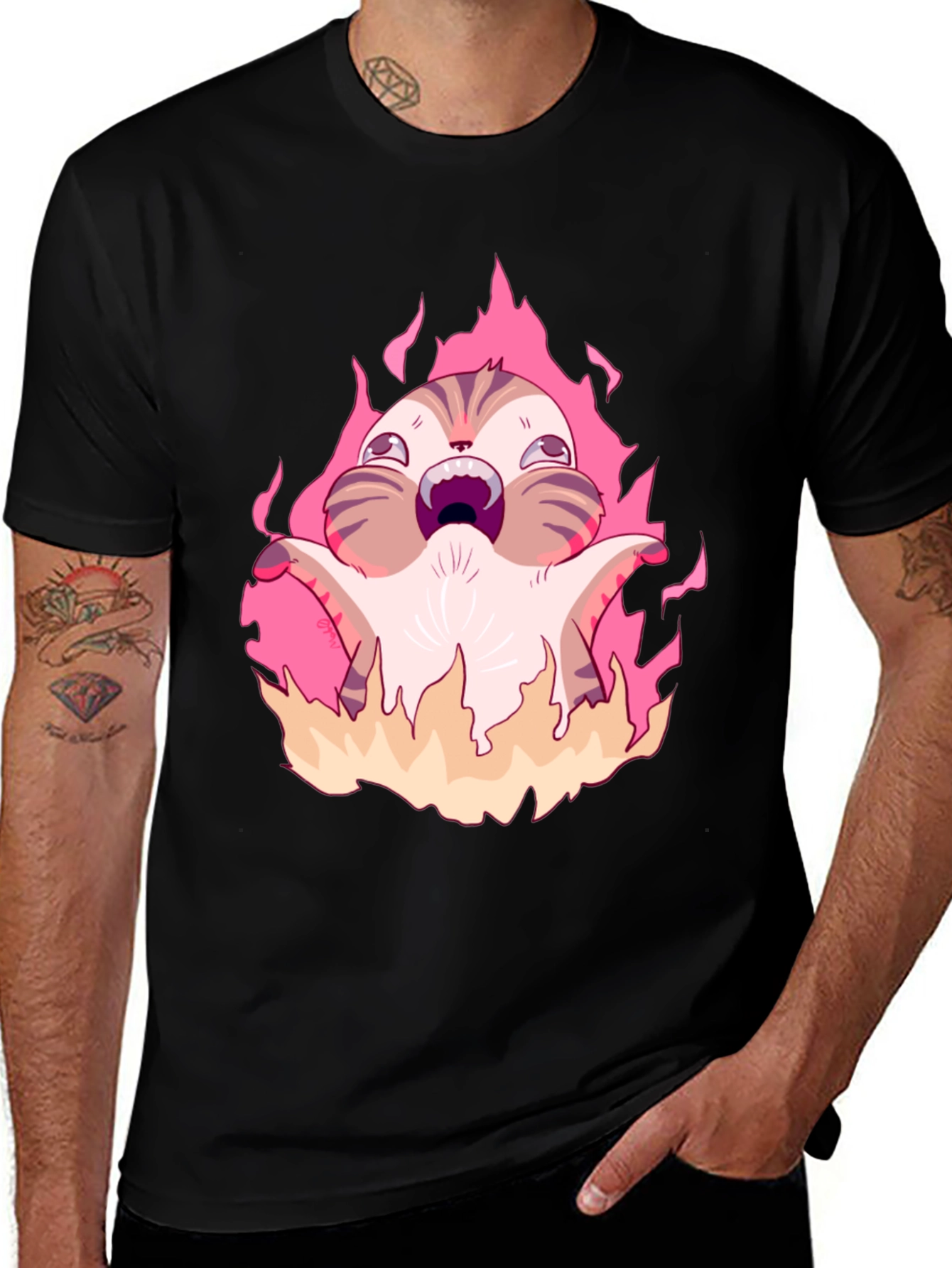 Variant 22 of Fiery Cartoon Cat Graphic T-Shirt - Black