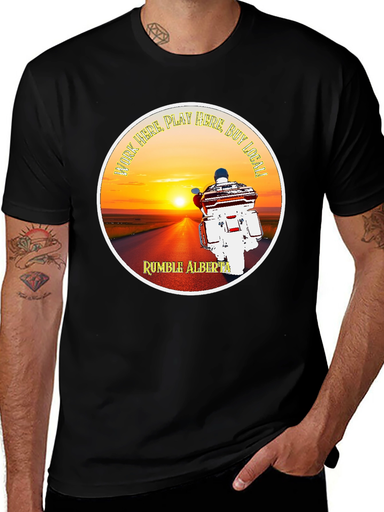 Rumble Alberta T-Shirt Motorcycle Sunset Design