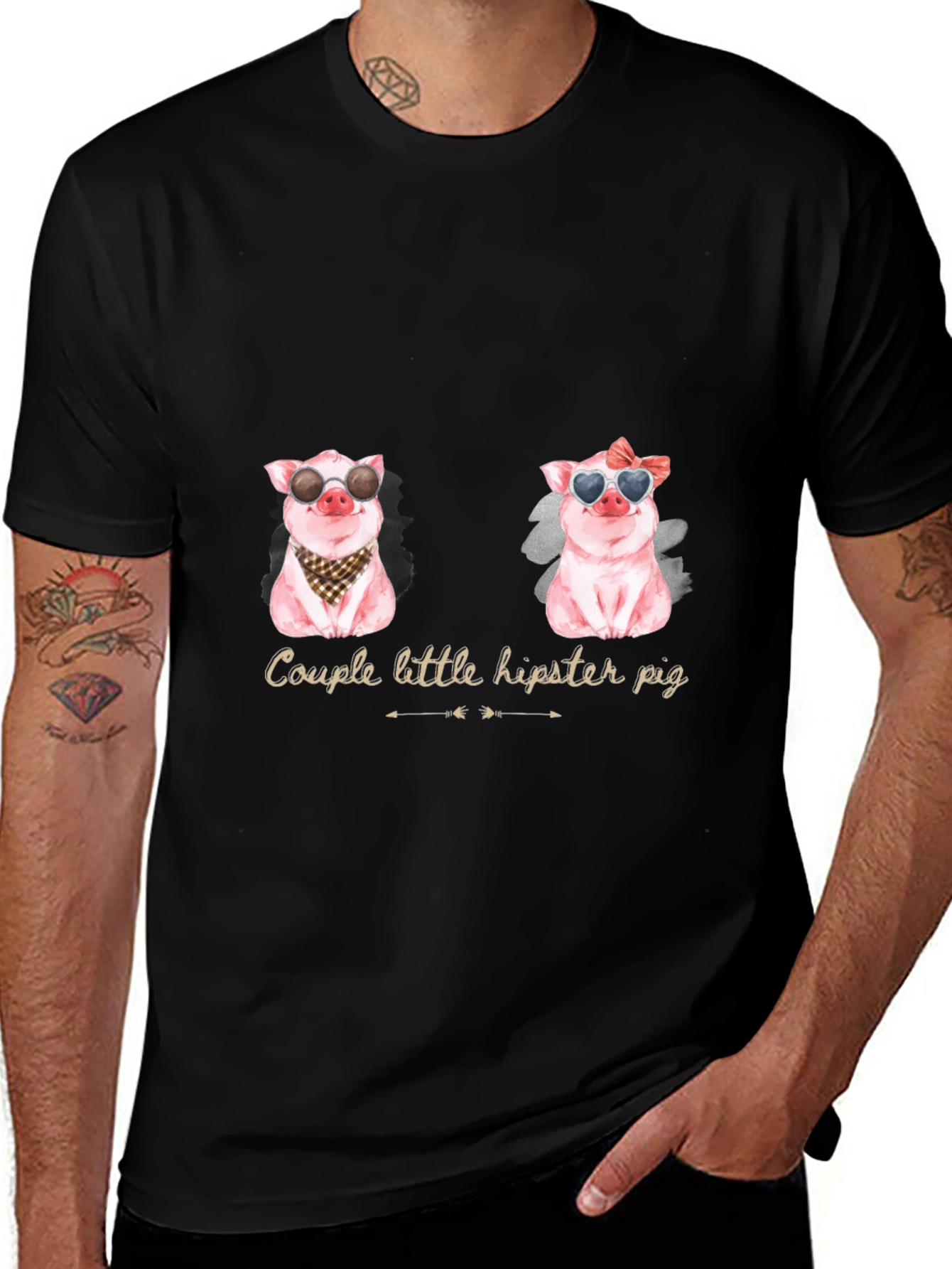 Variant 6 of Couple Hipster Pig Graphic T-Shirt - Black