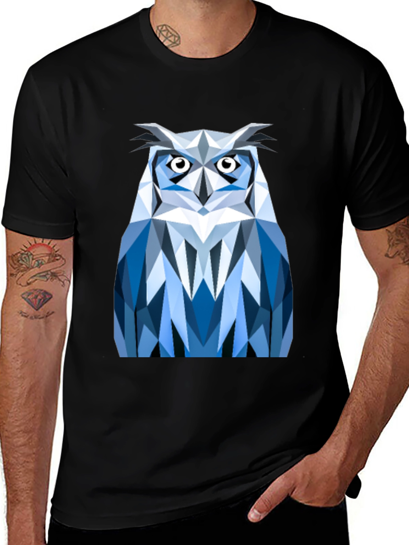 Variant 21 of Geometric Owl Print Black T-Shirt