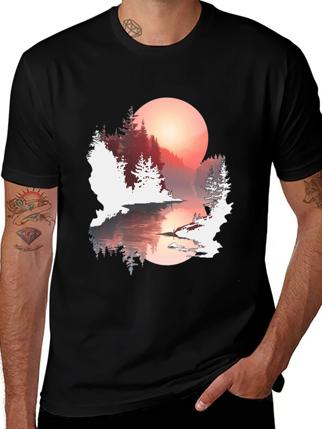 Variant 30 of Nature Lake Sunset Graphic Tee - Soft Black Cotton Shirt