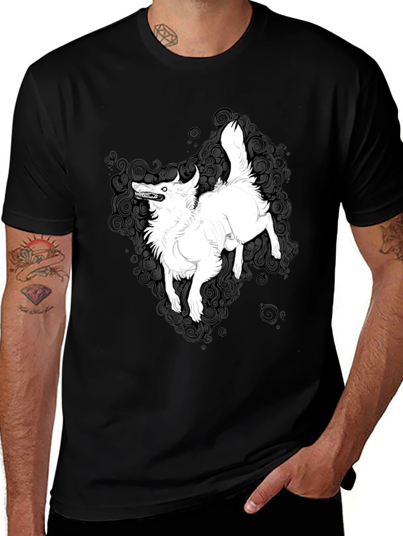 Black Black Graphic Tee - White Wolf Print main image