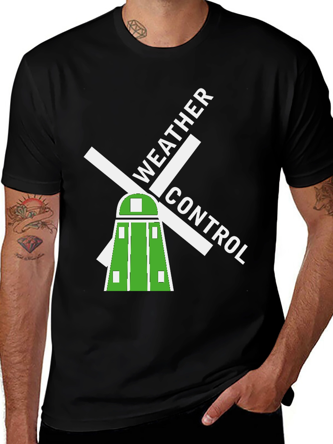 Variant 14 of Weather Control Black T-Shirt Windmill Design