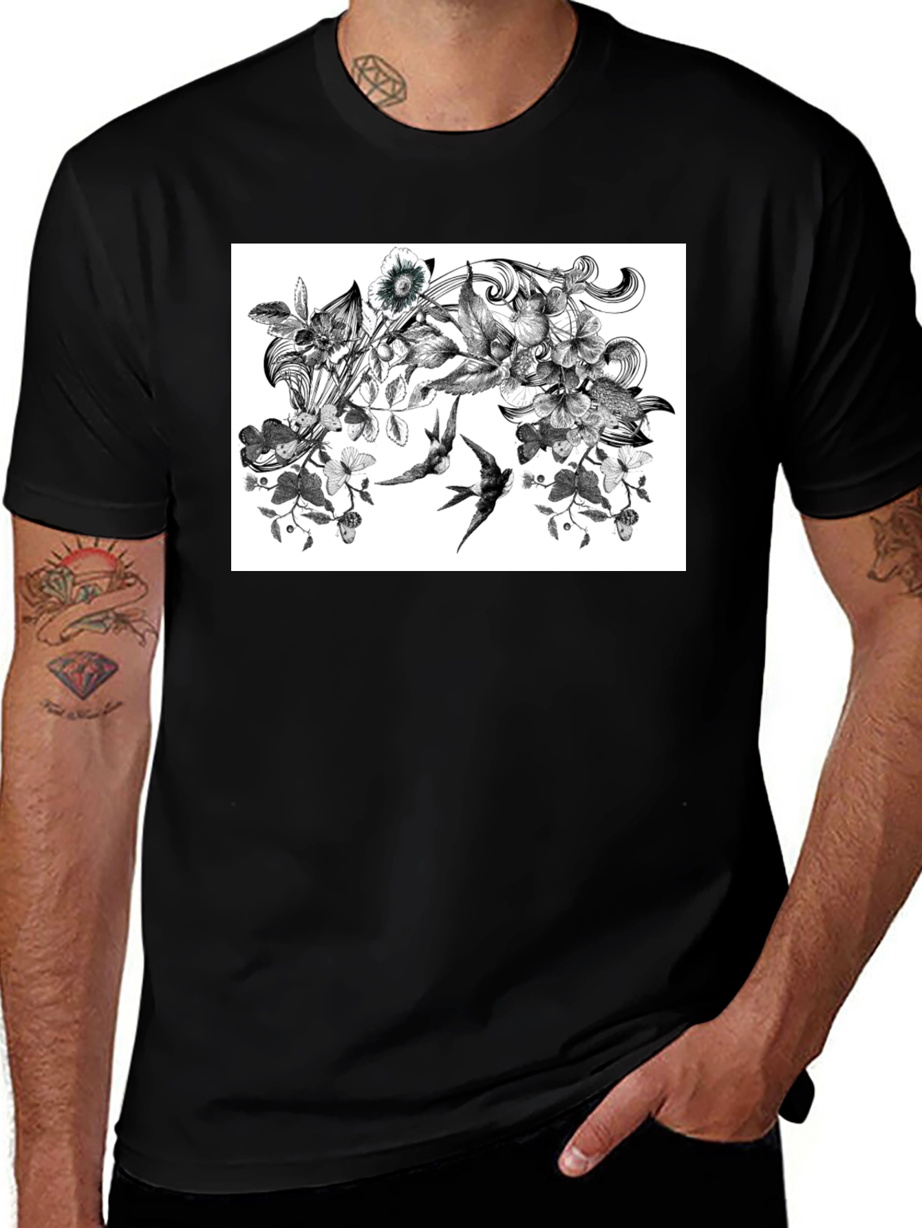 Variant 6 of Botanical Swallow T-Shirt - Artistic Black Tee