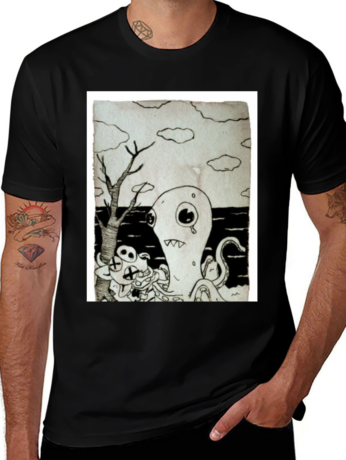 Variant 2 of Monochrome Cartoon Graphic Black T-Shirt