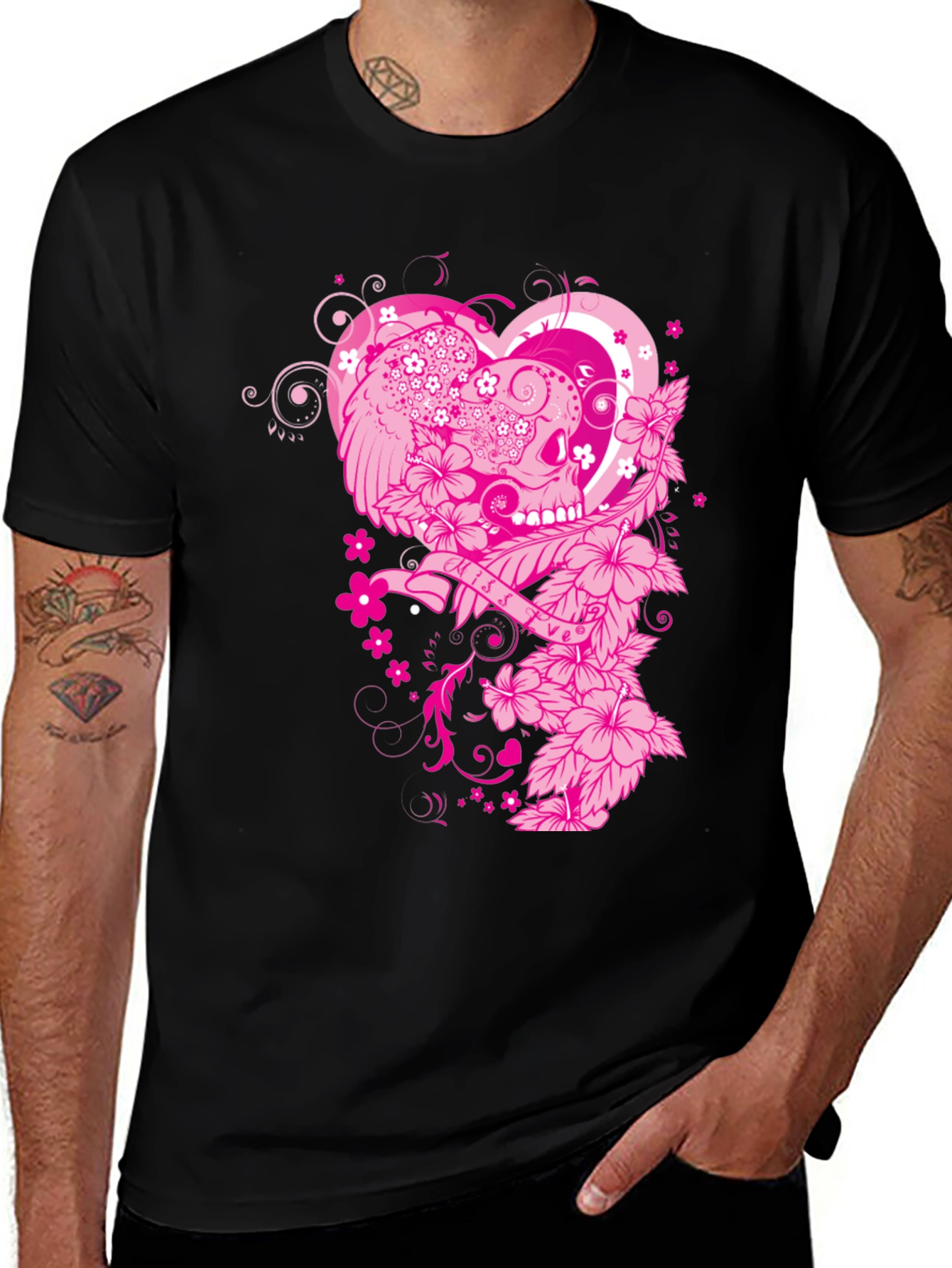 Variant 25 of Floral Skull Heart Graphic Tee - Men's Black T-Shirt
