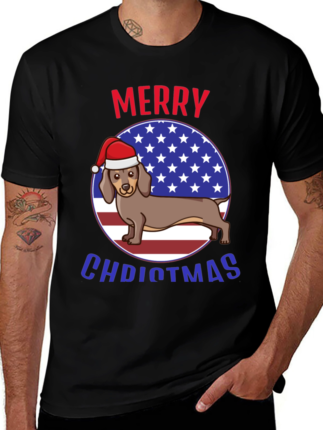 Variant 23 of Merry Christmas Dachshund USA Flag Graphic T-Shirt