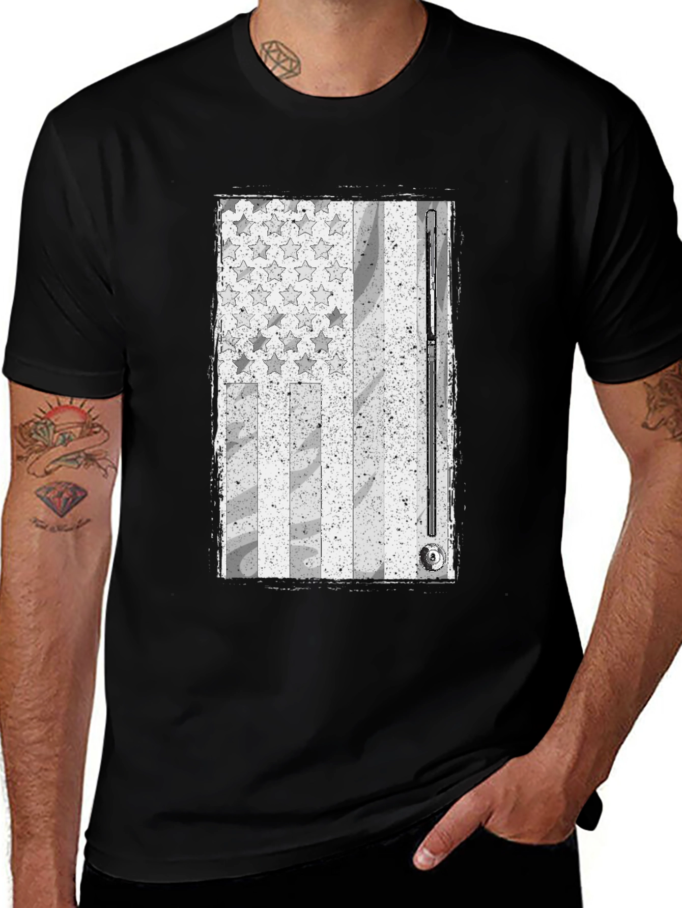 Black Distressed American Flag Billiards T-Shirt main image