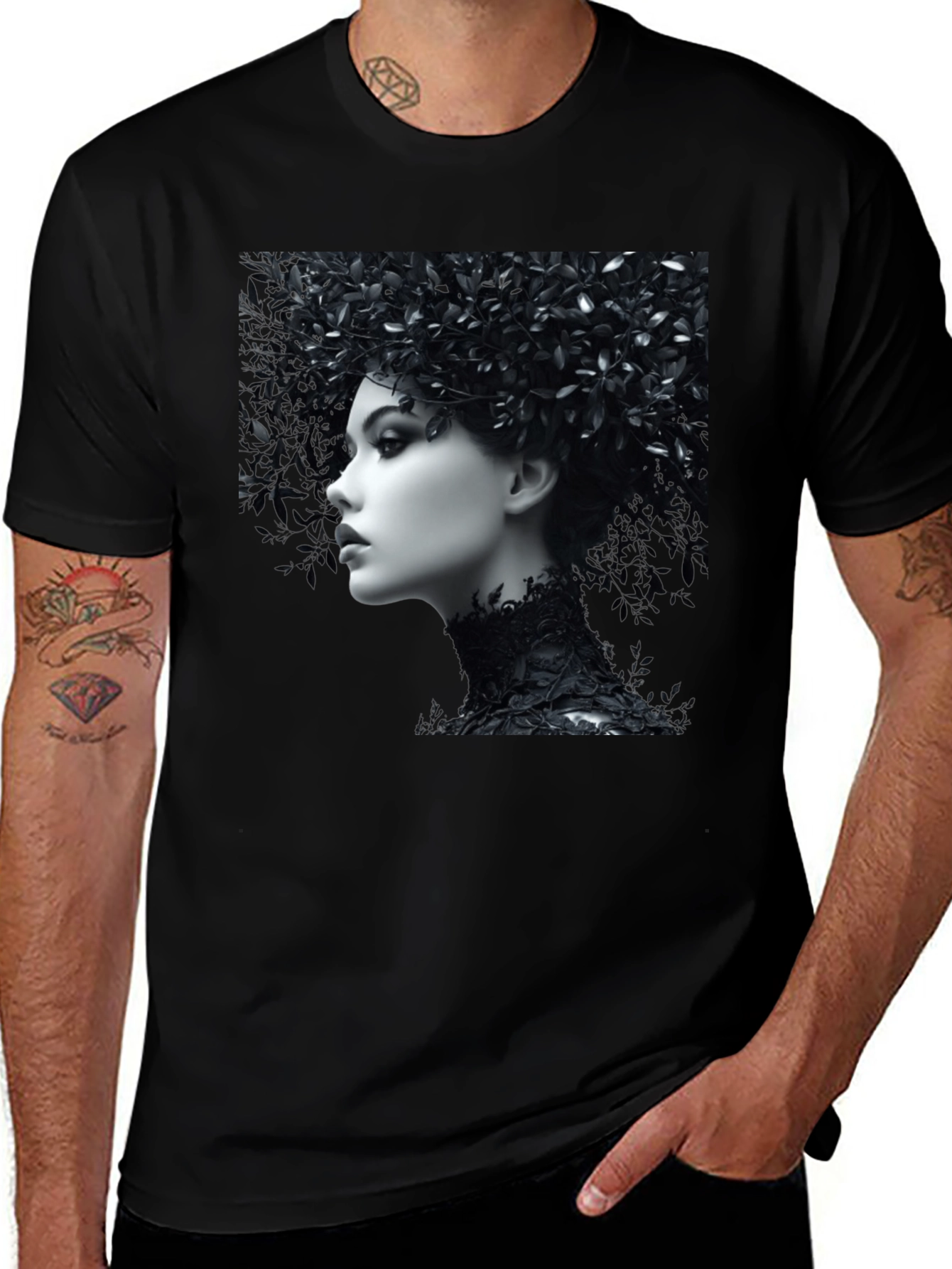 Black T-Shirt with Floral Portrait Graphic