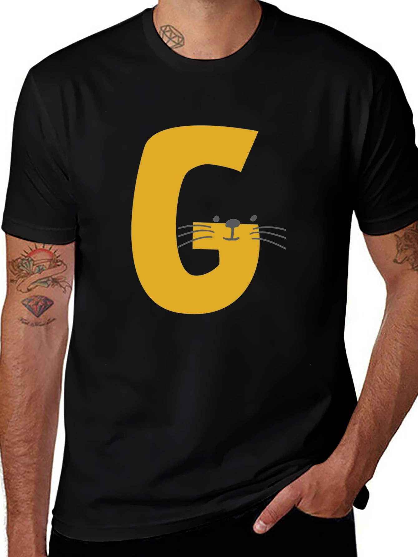 Variant 9 of Letter G Cat Graphic T-Shirt - Black Cotton Tee