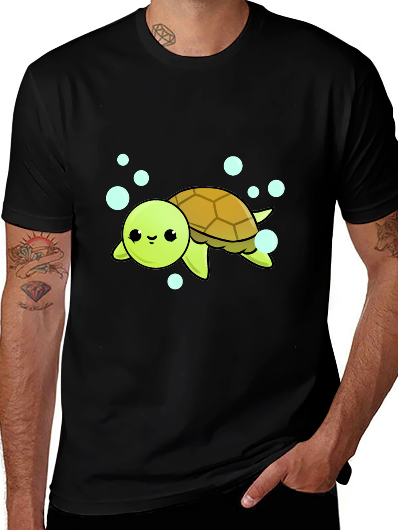 Cute Turtle Graphic Tee - Black Cotton Blend