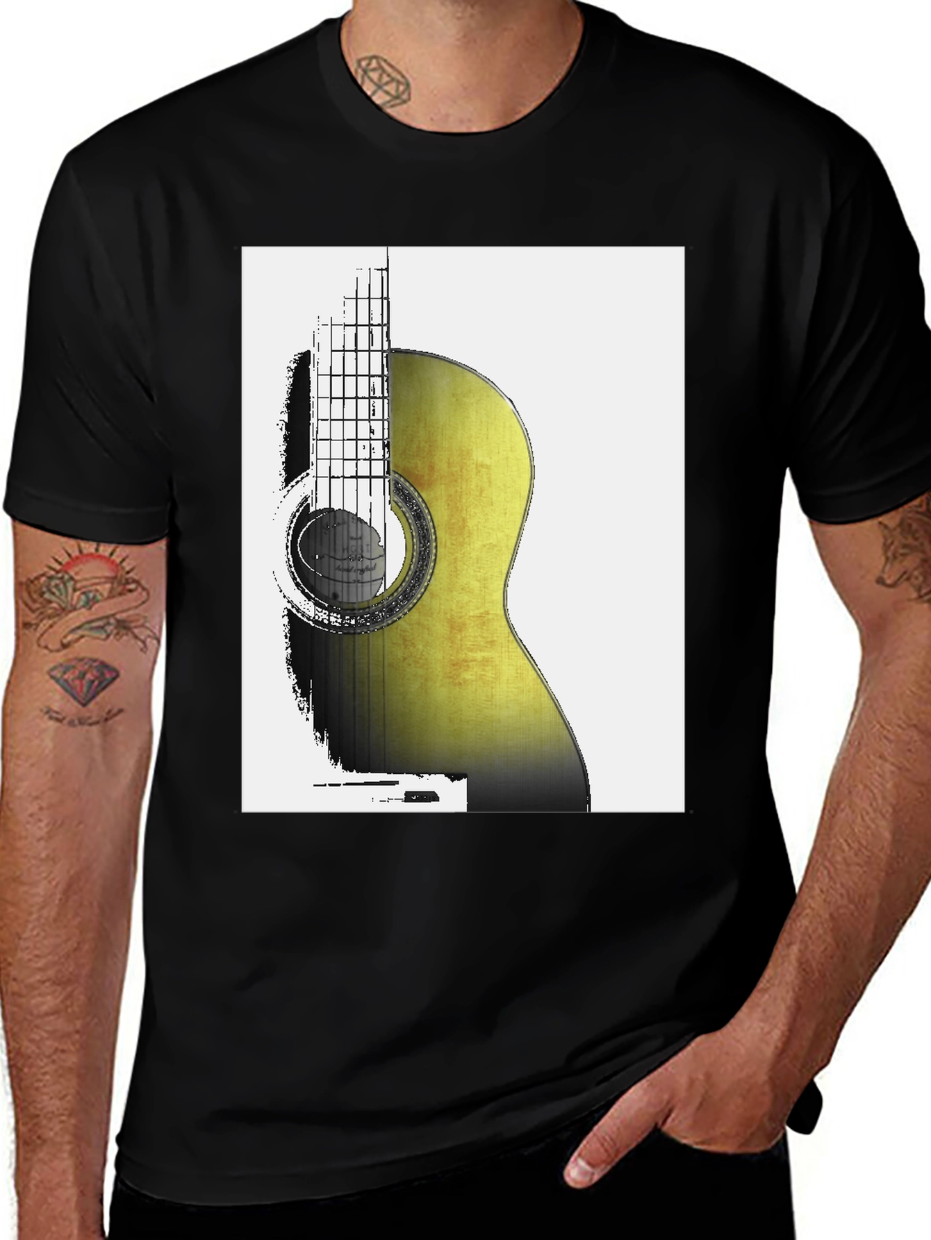 Variant 6 of Guitar Art Graphic Tee - Black Cotton T-Shirt