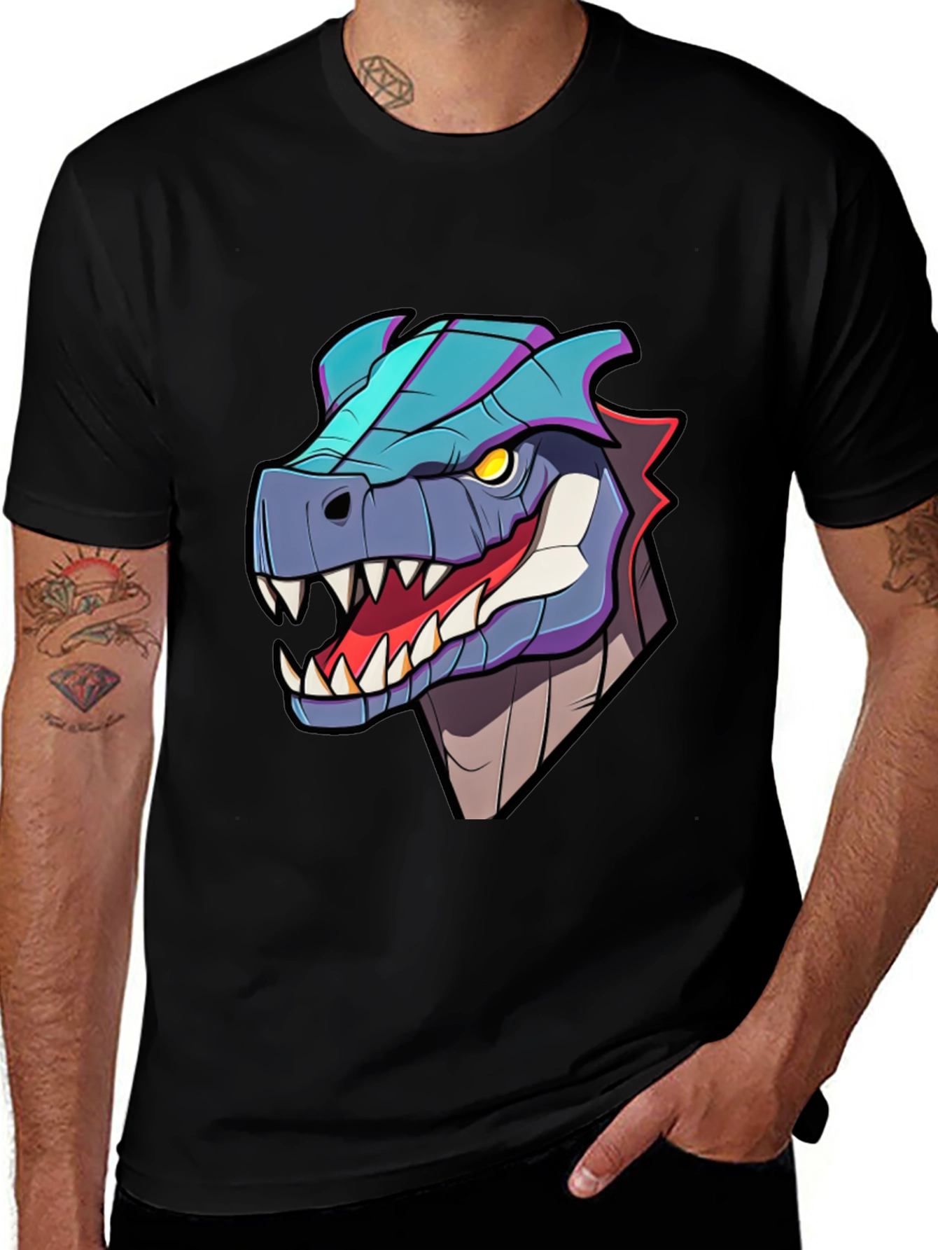 Variant 8 of Men's Black T-Shirt with Cartoon Dinosaur Graphic