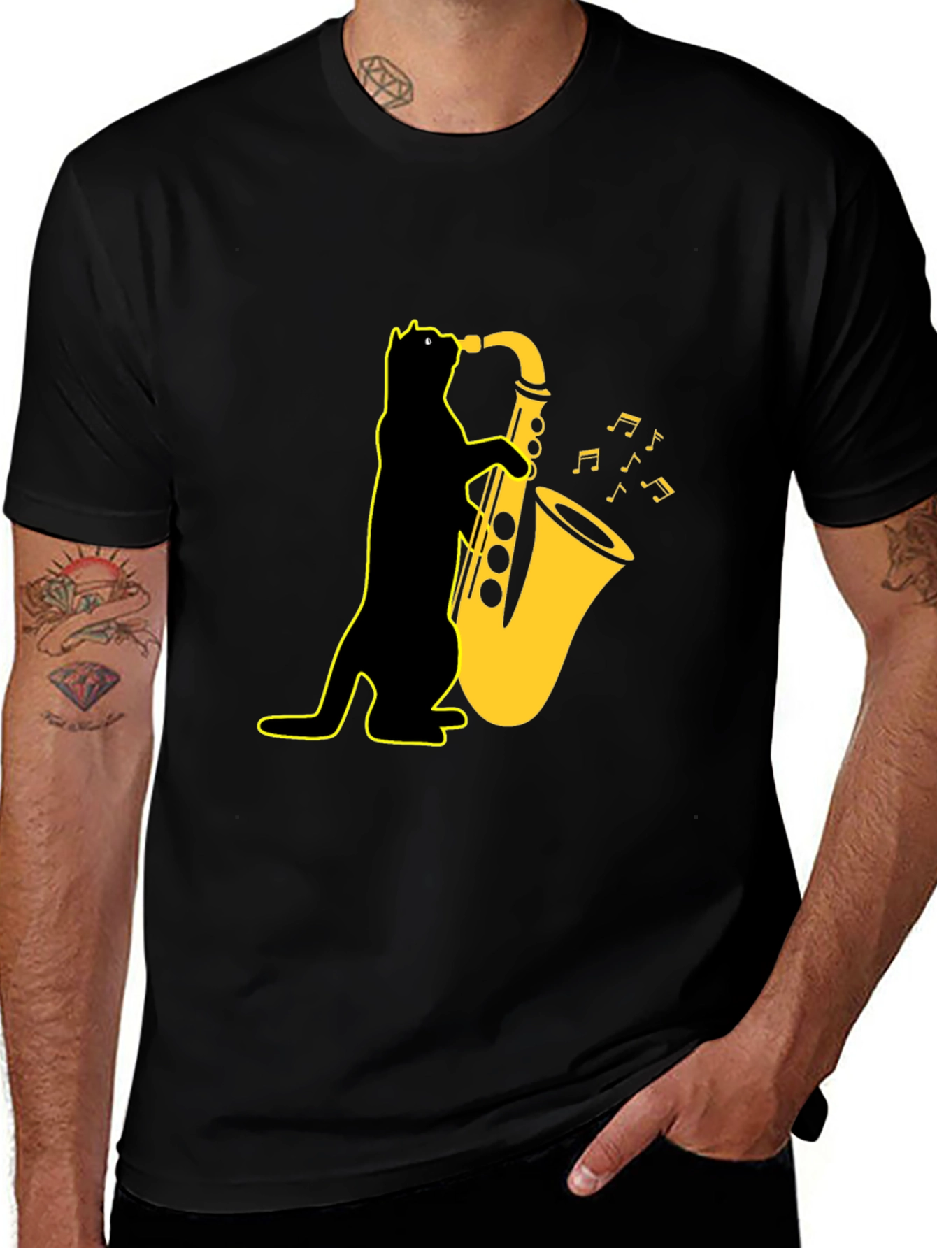 Variant 17 of Cool Cat Saxophone T-Shirt - Black, Unique Design