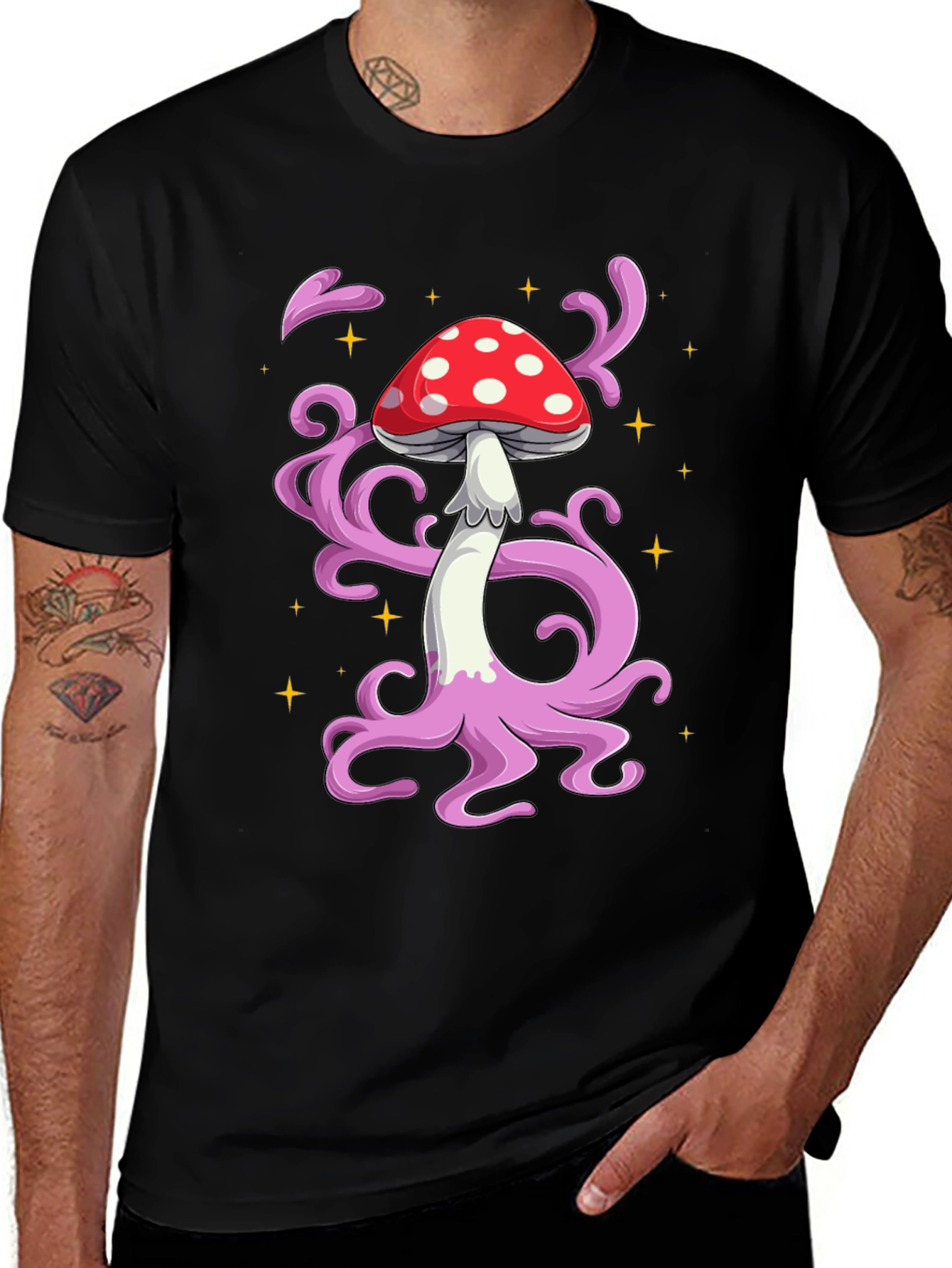 Variant 8 of Funky Mushroom Graphic Tee - Black Cotton T-Shirt