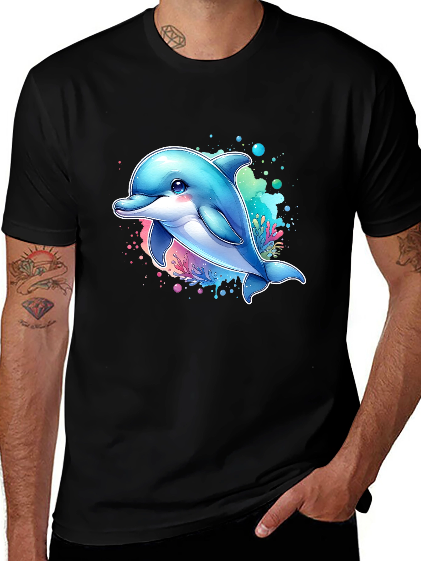 Dolphin Graphic Tee - Black Cotton Blend Casual Wear