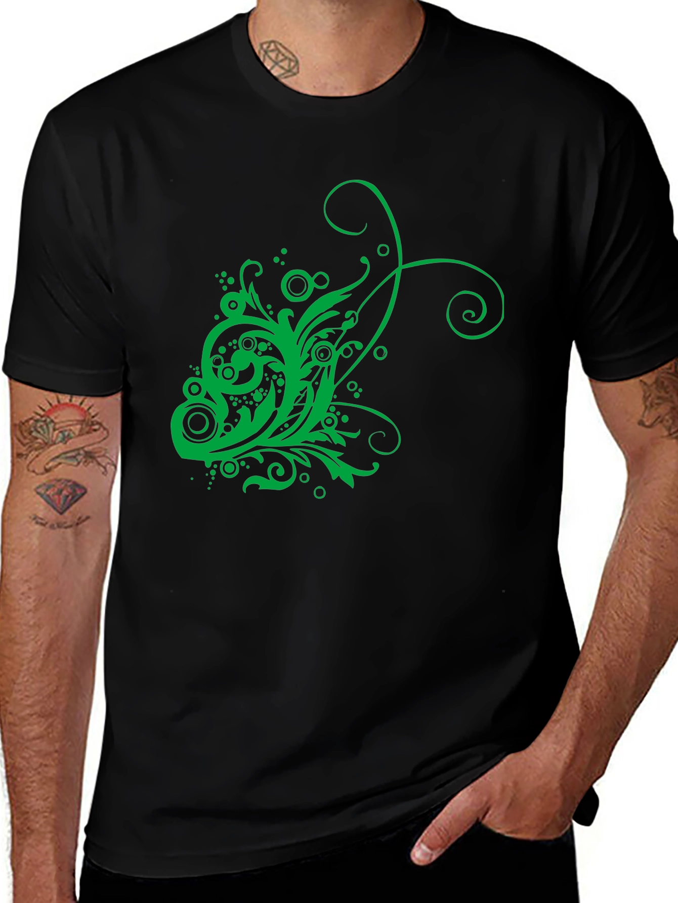 Variant 8 of Men's Black T-Shirt with Green Floral Design