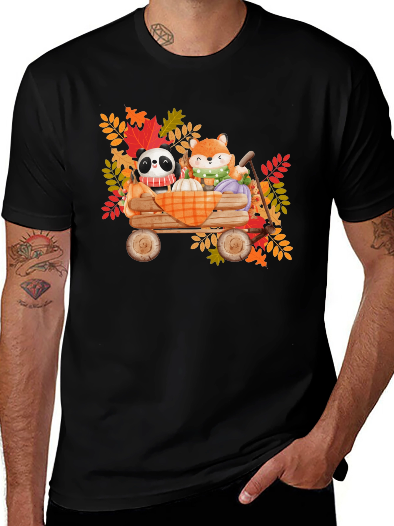 Fall Fox and Panda Wagon T-Shirt
