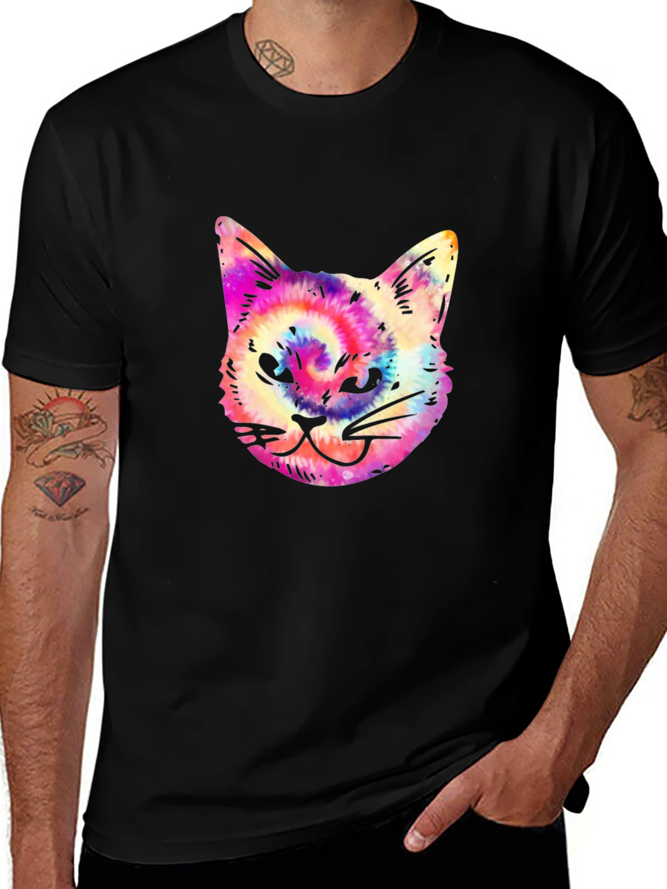 Variant 26 of Tie Dye Cat Graphic Print Men's Black T-Shirt