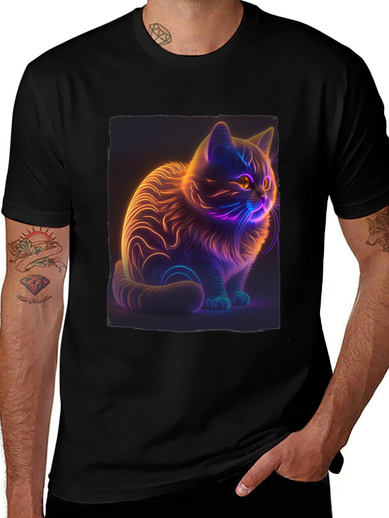 Variant 12 of Neon Cat Graphic Tee - Cool & Stylish Black T-Shirt