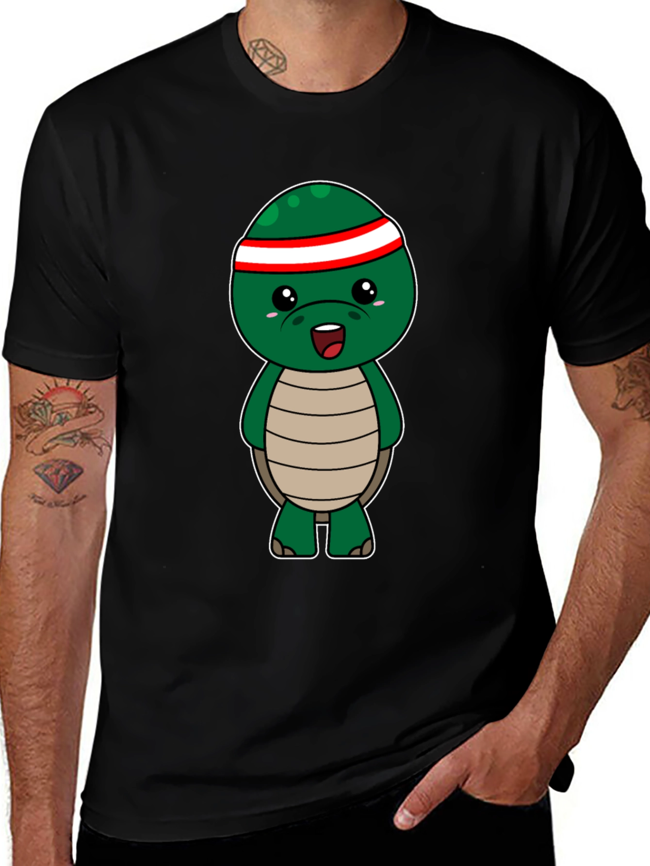 Variant 9 of Cute Turtle Graphic Tee - Black Cotton T-Shirt
