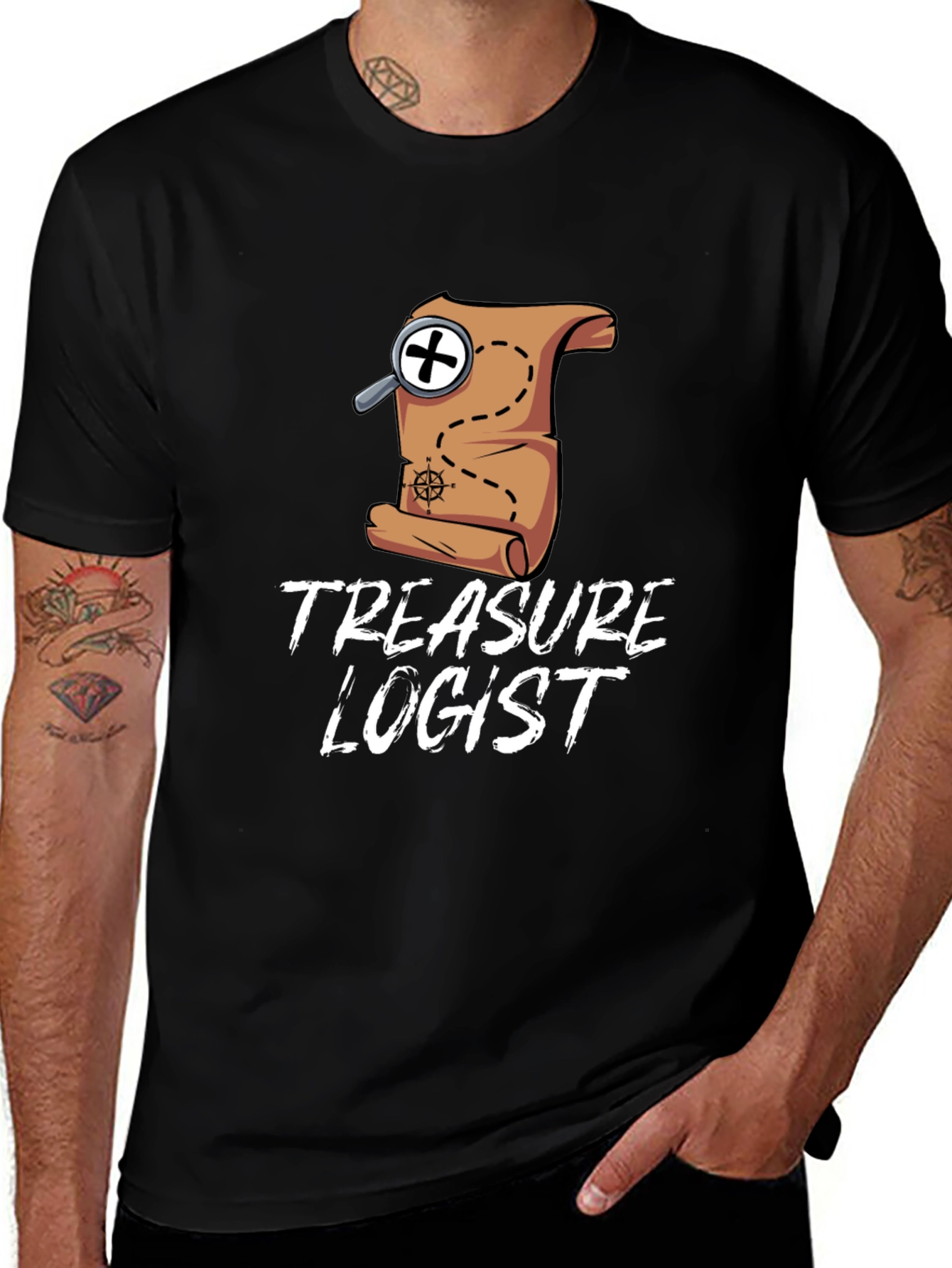 Variant 5 of Treasure Logist T-Shirt - Map & Magnifying Glass Design