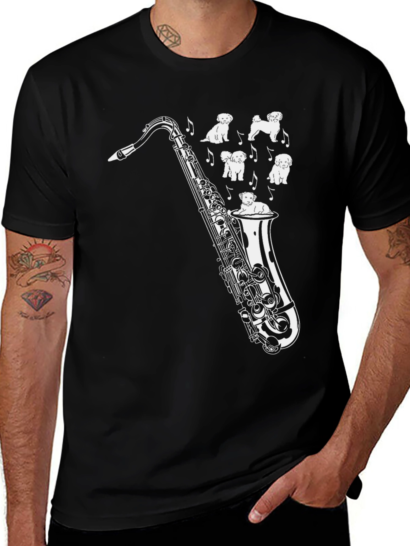 Variant 3 of Saxophone & Pups Graphic Tee - Men's Black T-Shirt