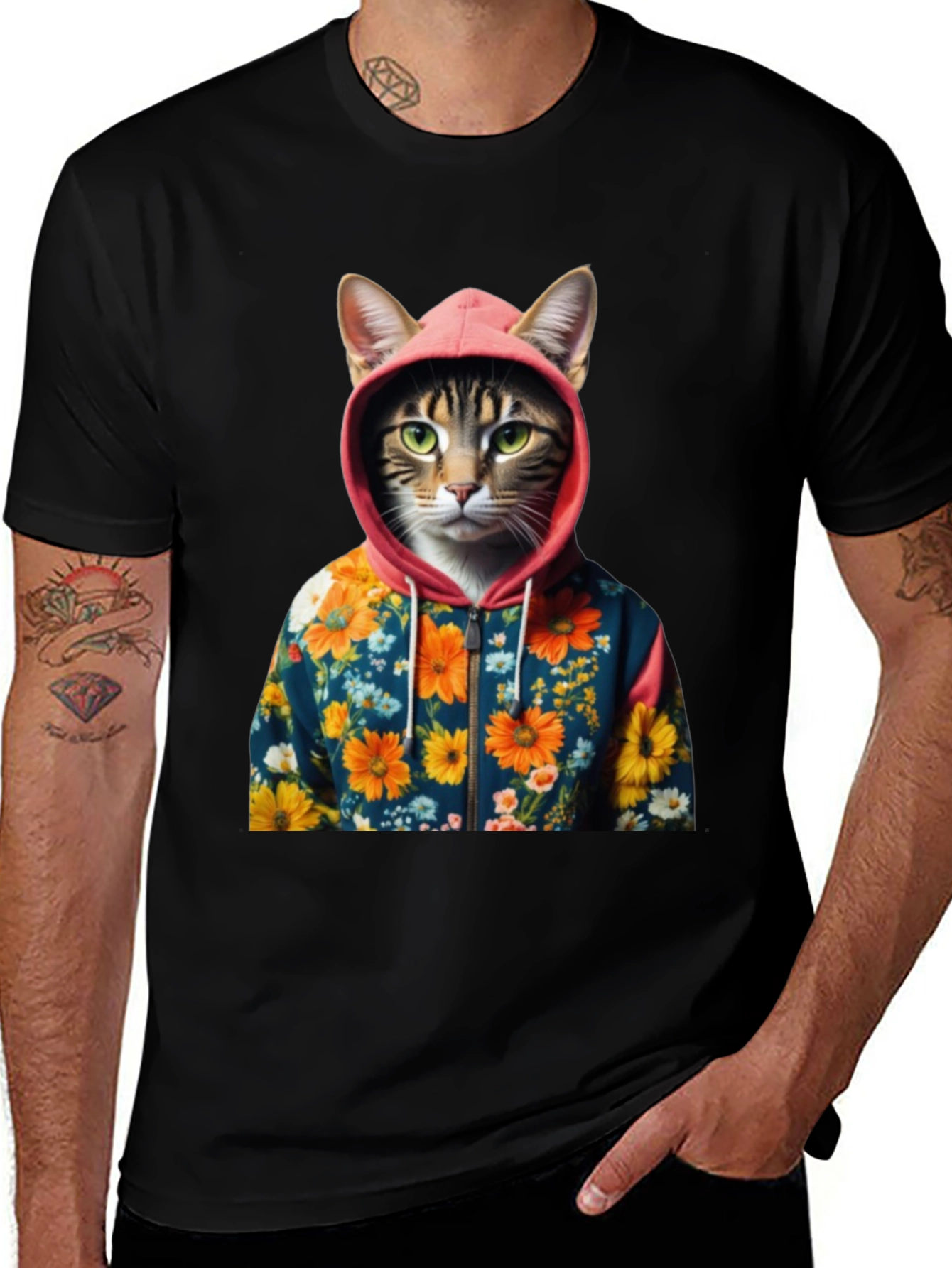 Variant 18 of Cat in Floral Hoodie T-Shirt