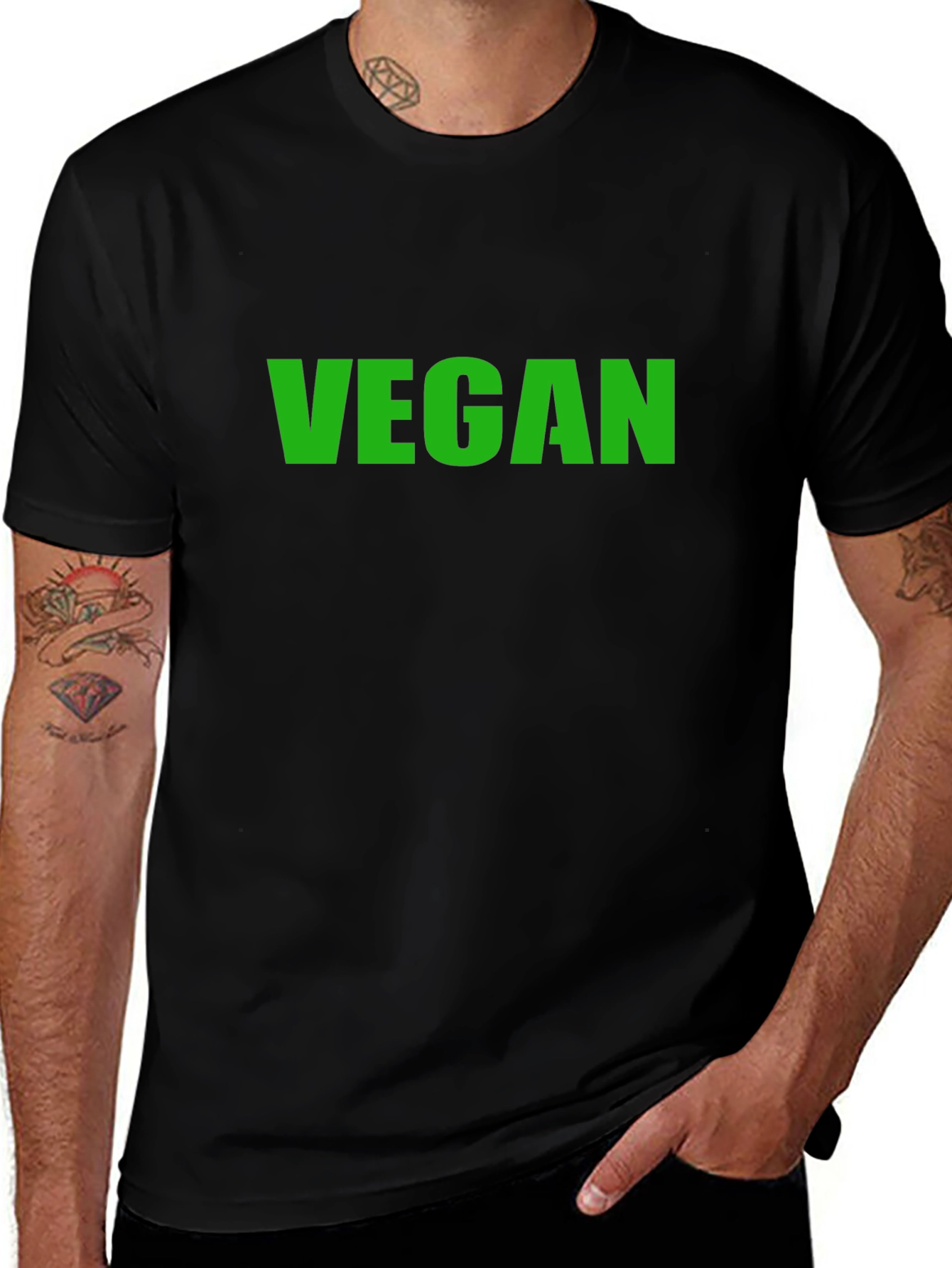 Variant 15 of Vegan T-Shirt - Black Crew Neck - Bold Green Print