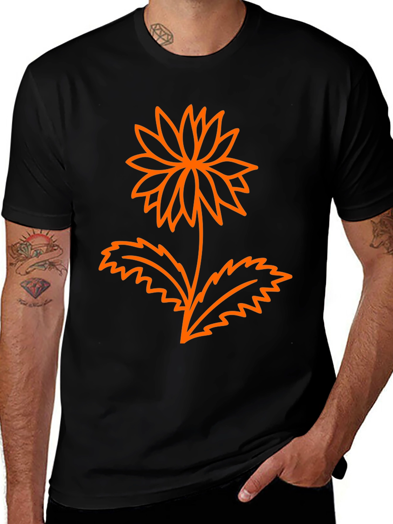 Variant 18 of Men's Black Graphic Tee - Orange Flower Design