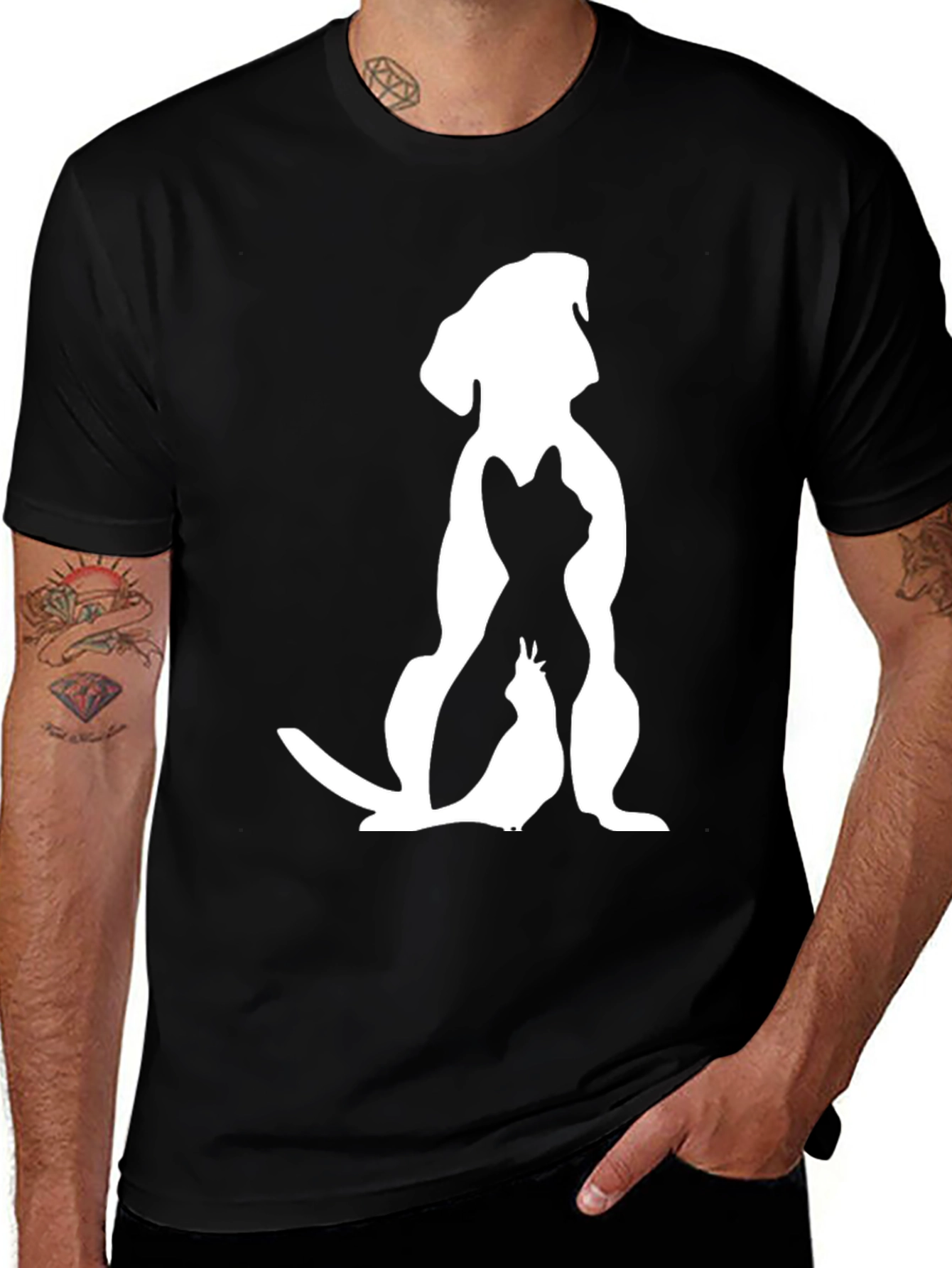 Variant 14 of Dog, Cat, Bird Silhouette Black Graphic Tee