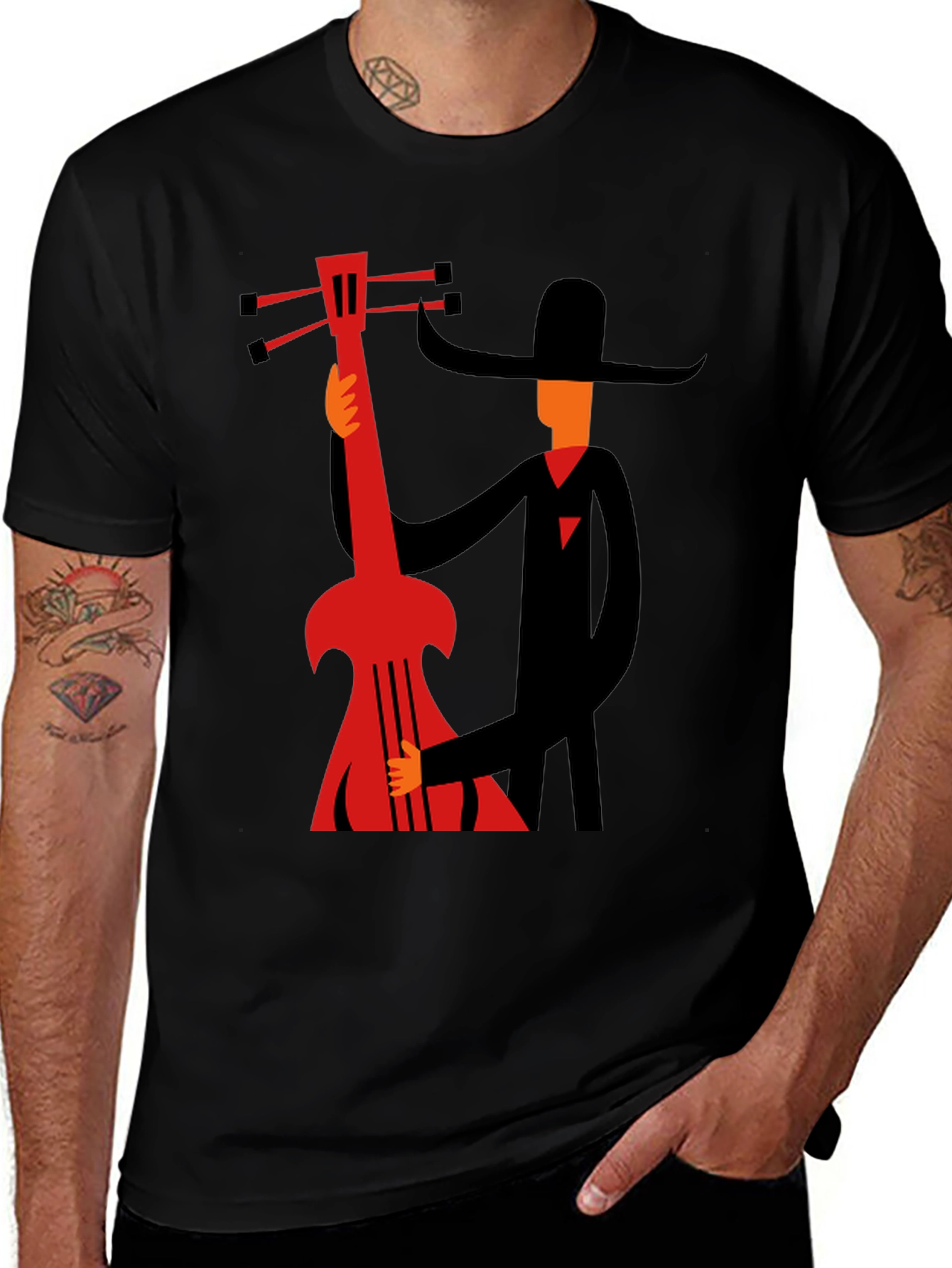 Variant 28 of Man's Graphic Black T-Shirt - Musician with Guitar