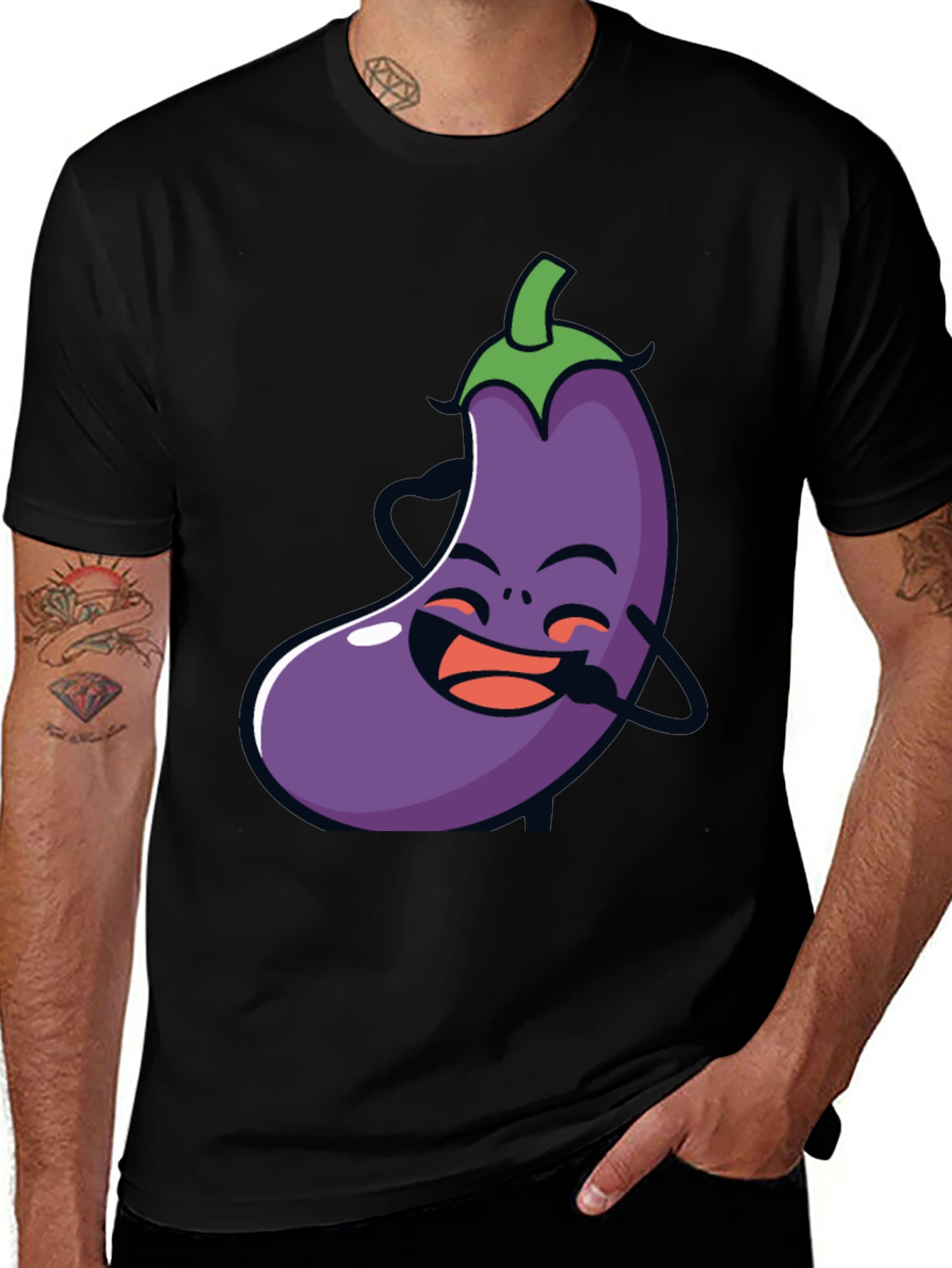Funny Eggplant Graphic Tee - Black Cotton T-Shirt