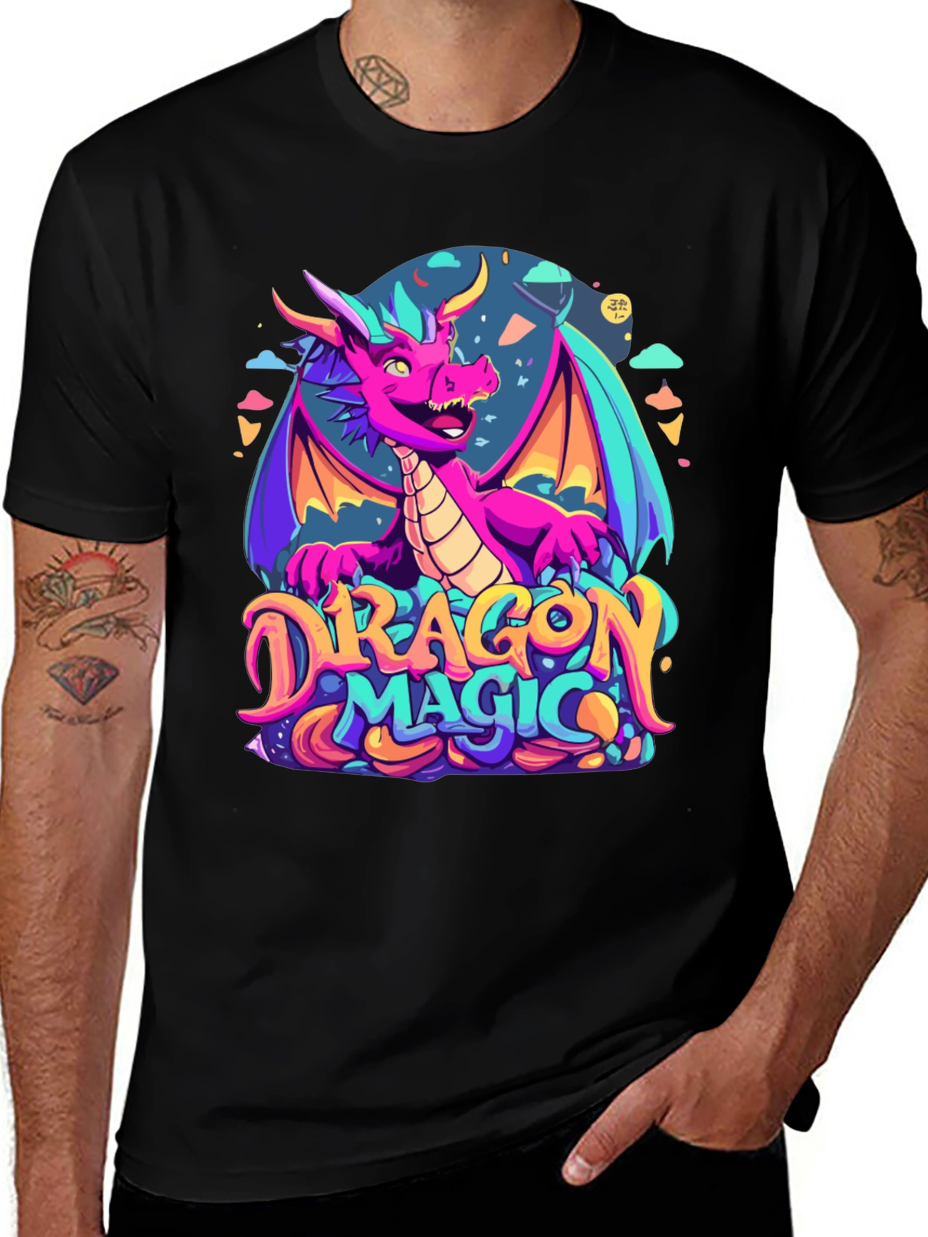 Dragon Magic Graphic Tee - Fantasy Style Black T-Shirt