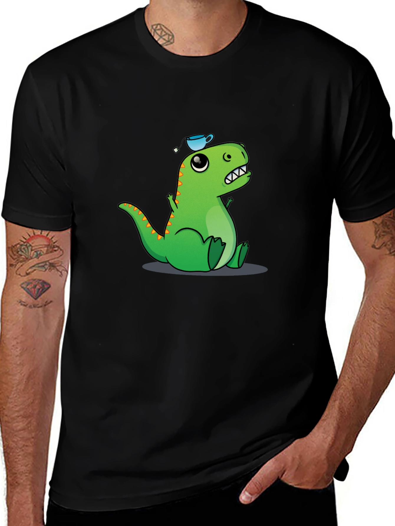 Variant 12 of Dino Tea Party T-Shirt - Black Cotton Tee