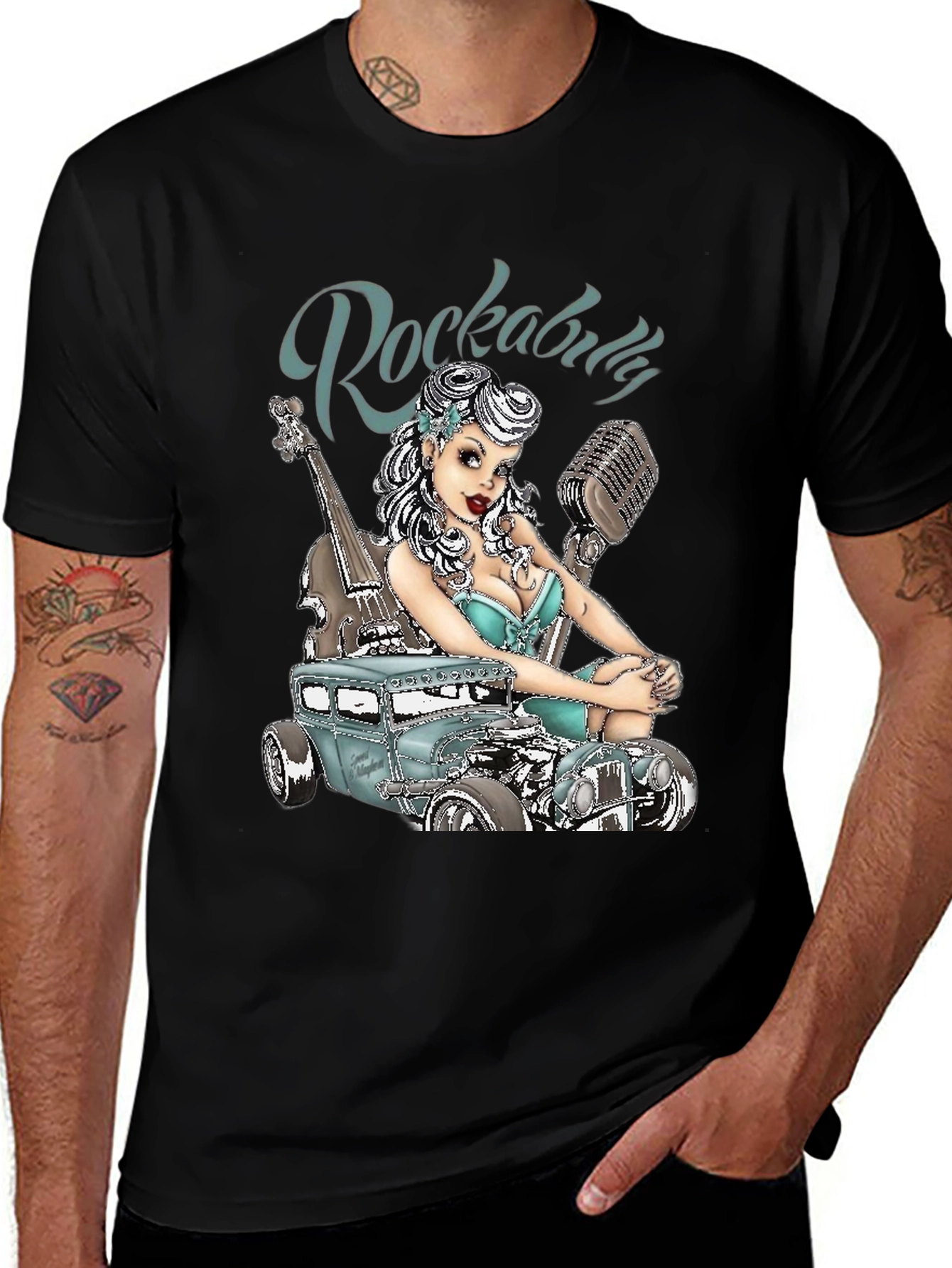 Variant 17 of Rockabilly Style T-Shirt with Car & Pin-up Girl Design