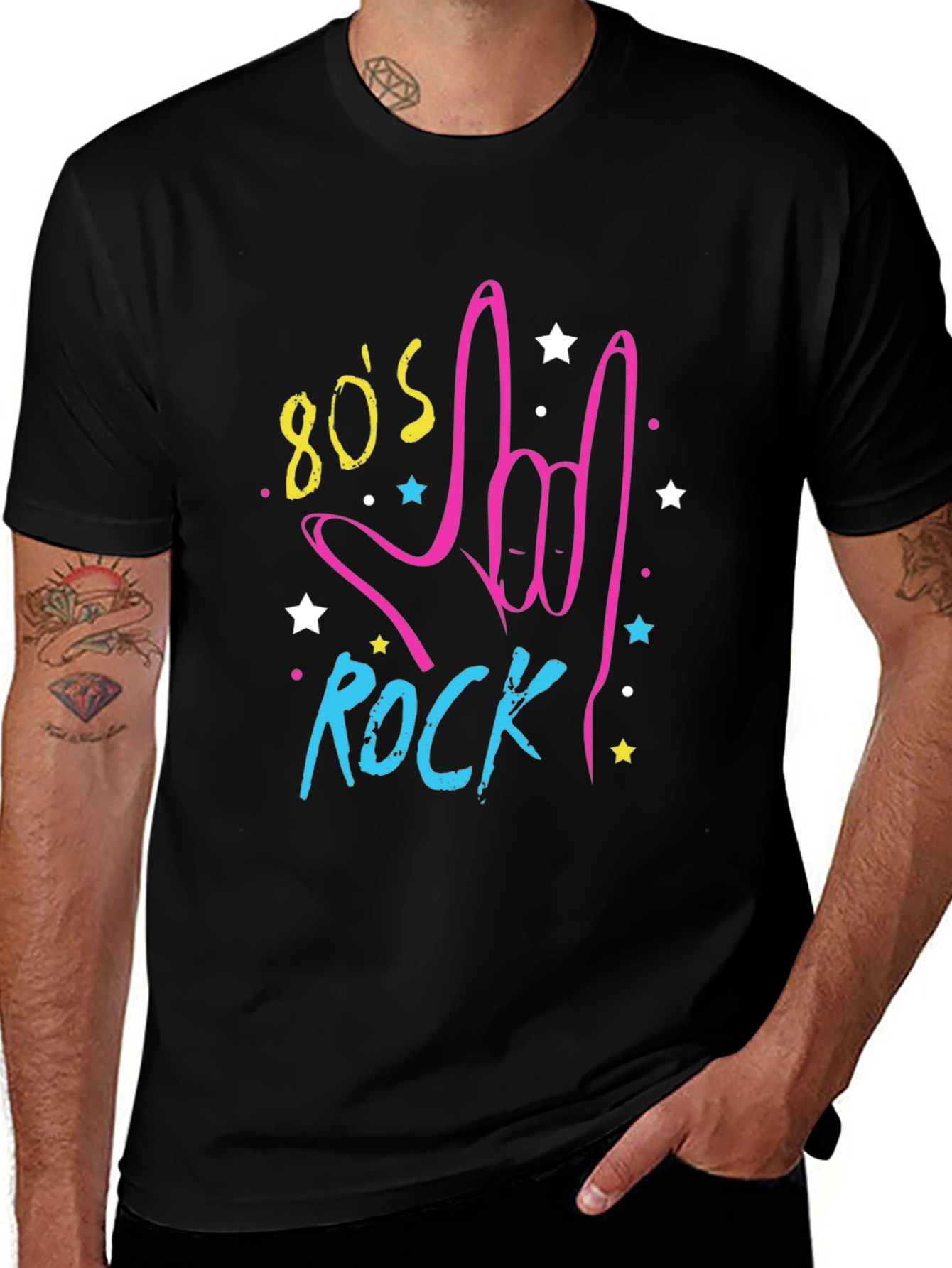 80s Rock Graphic Print Black T-Shirt