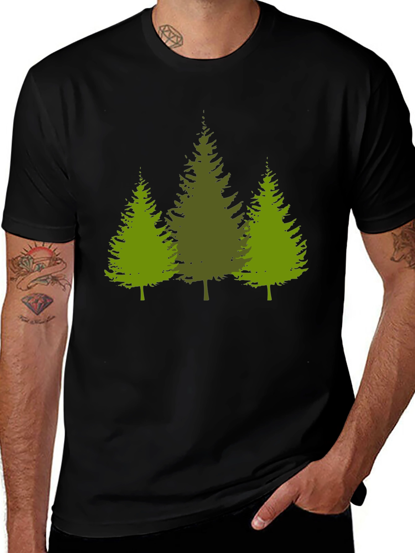Men's Black T-Shirt with Green Pine Tree Design