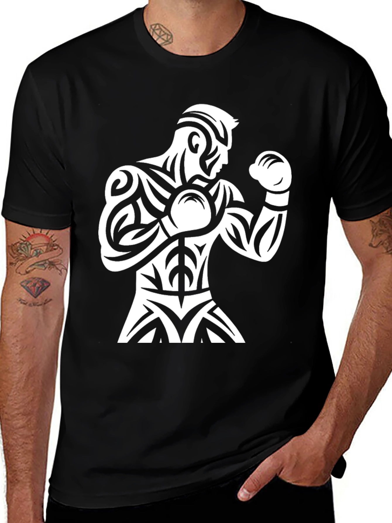 Variant 6 of Boxer Tribal Tattoo Print Black T-Shirt