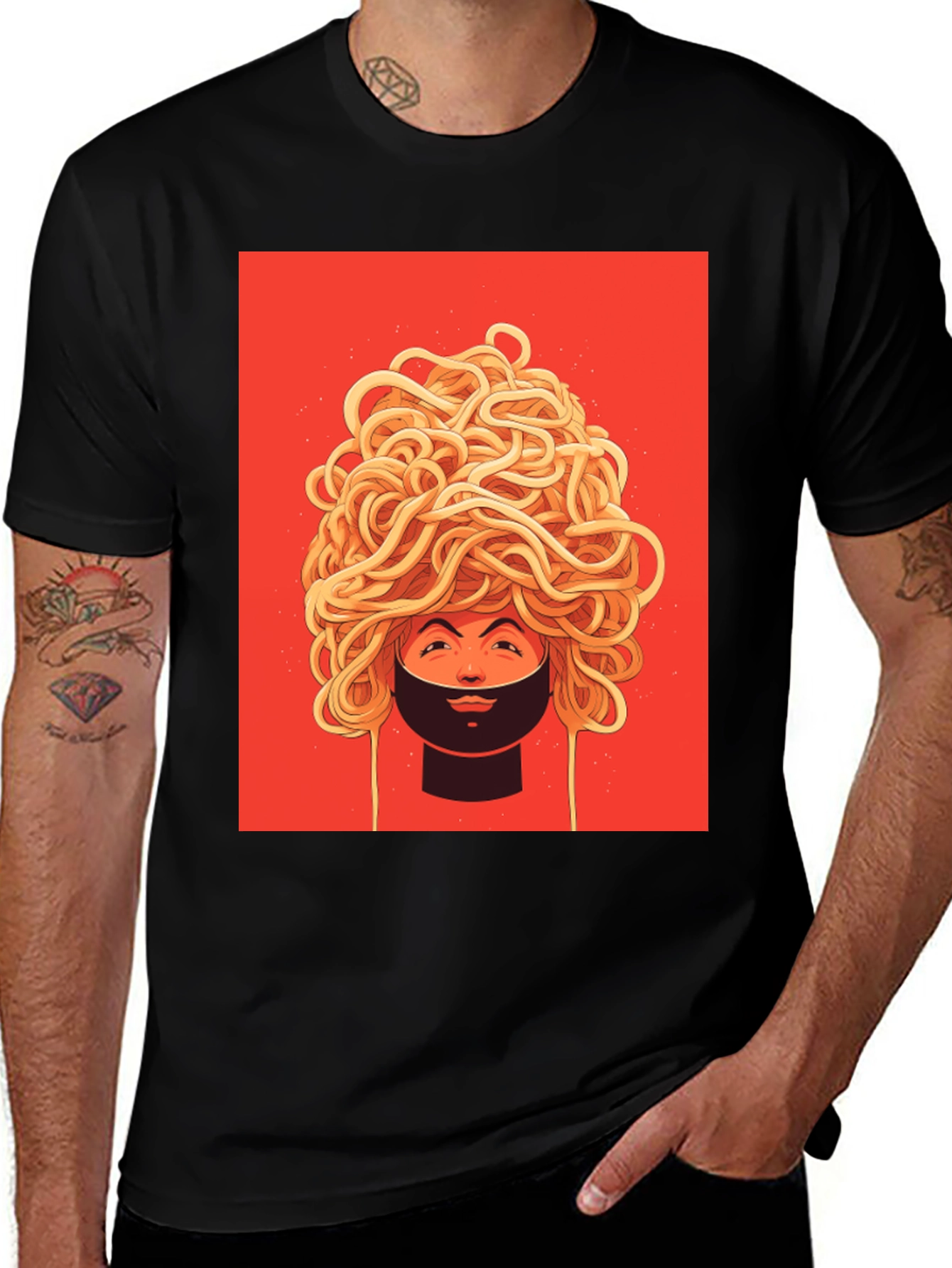 Black Spaghetti Head Graphic Tee - Quirky Unisex T-Shirt main image