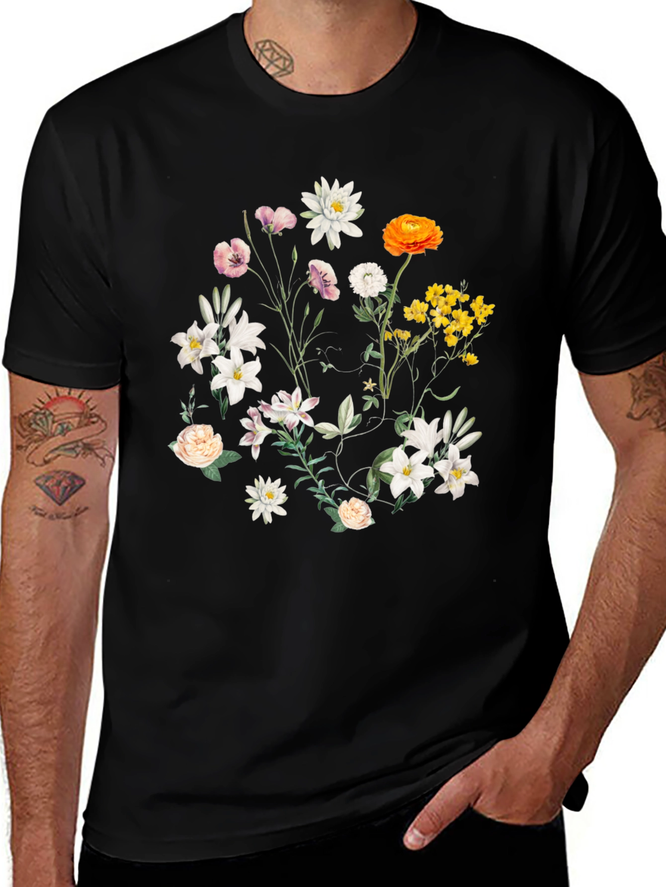 Variant 3 of Floral Print T-Shirt - Botanical Black Tee