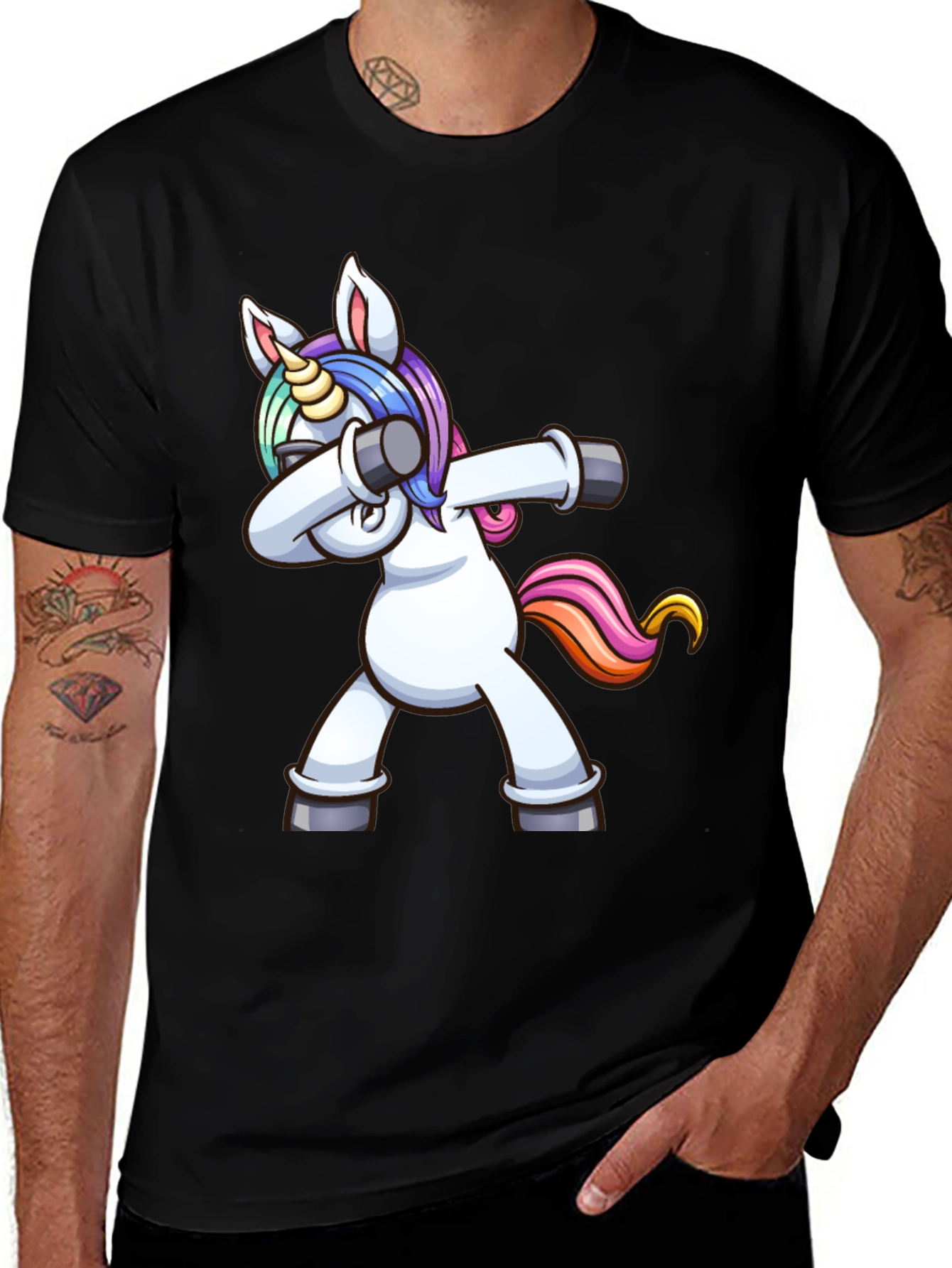 Black Dabbing Unicorn Graphic Tee - Black Cotton Shirt main image
