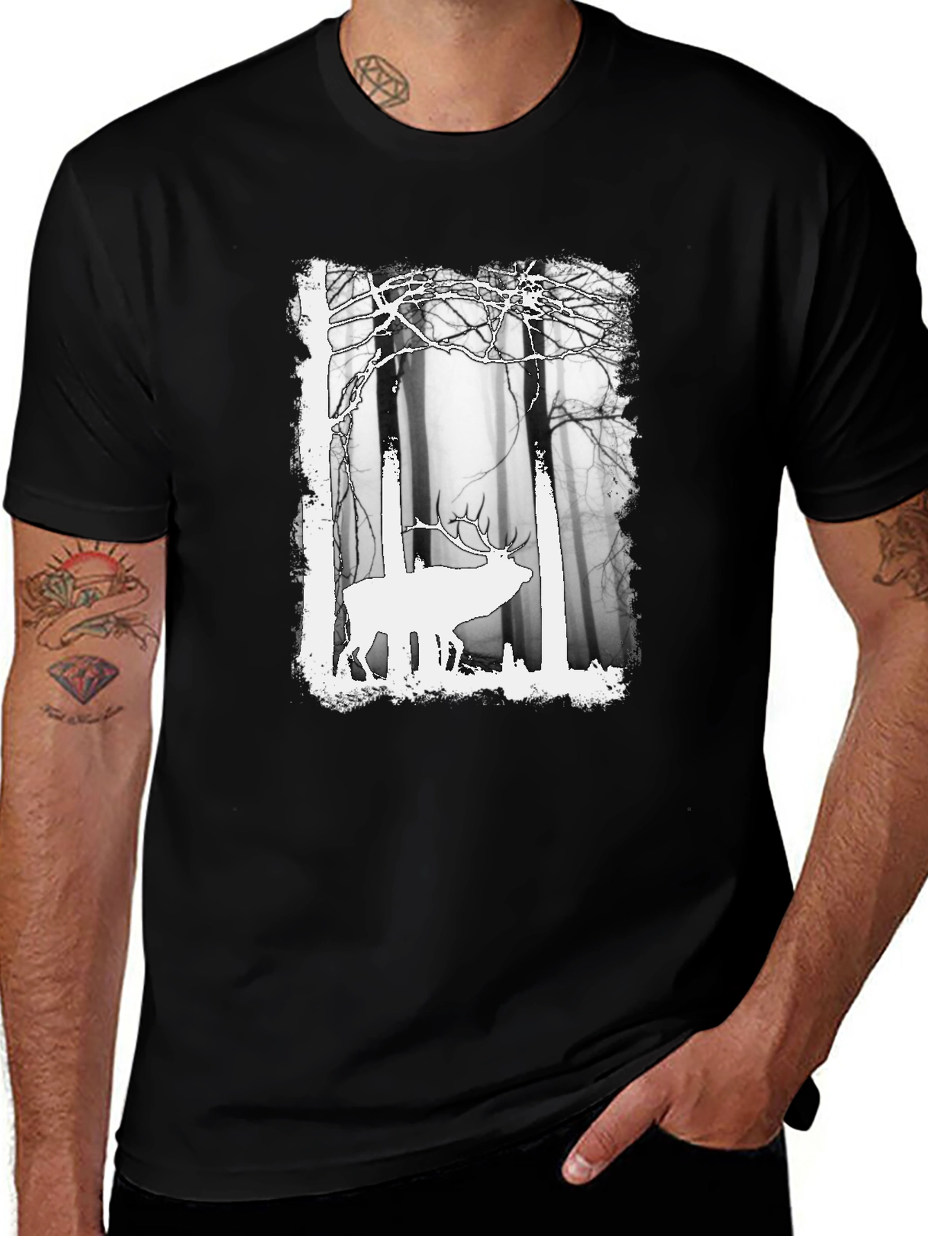 Variant 27 of Elk in Forest Graphic Tee - Men's Black T-Shirt