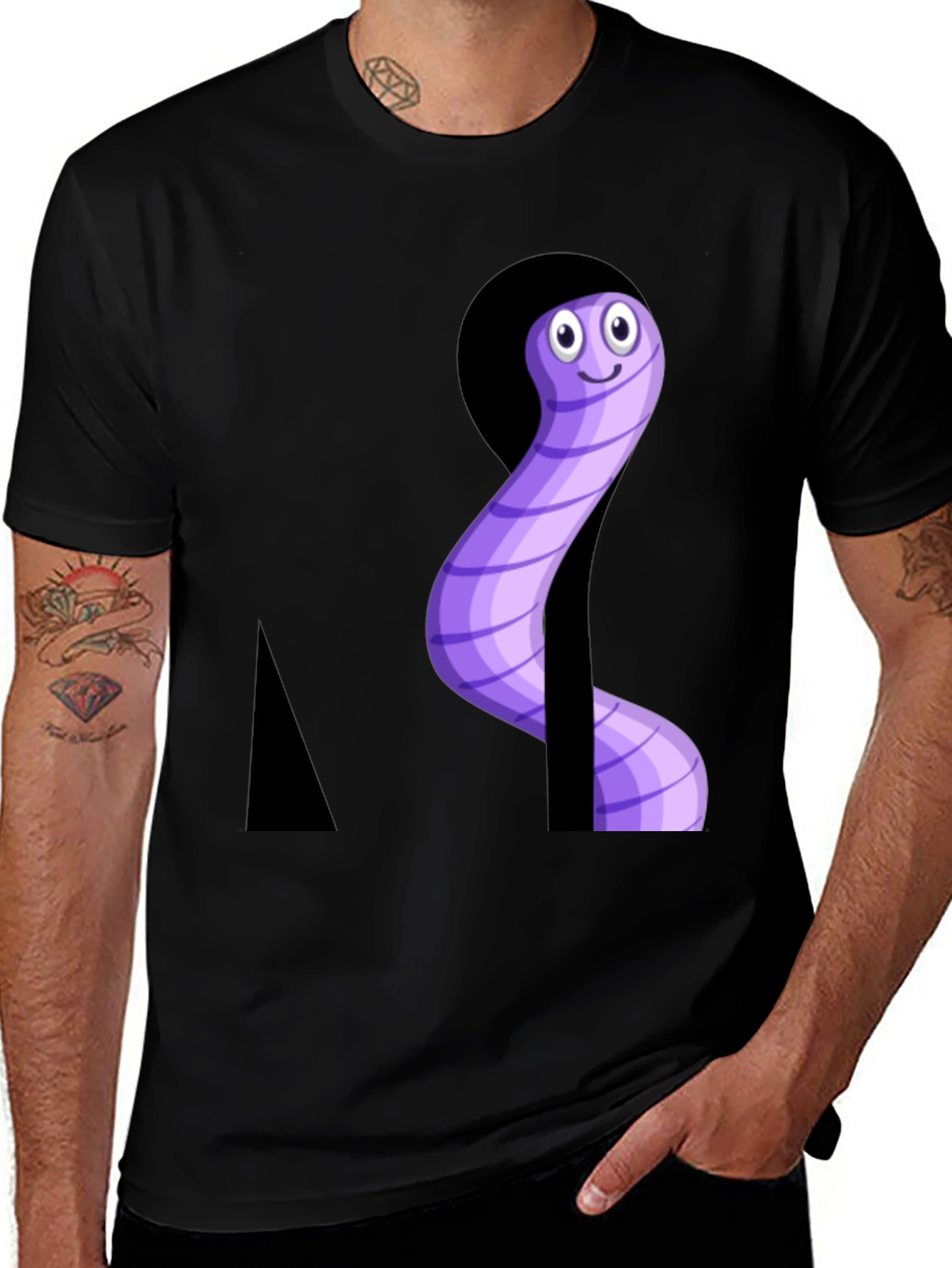 Cartoon Worm Peek-a-Boo Black T-Shirt