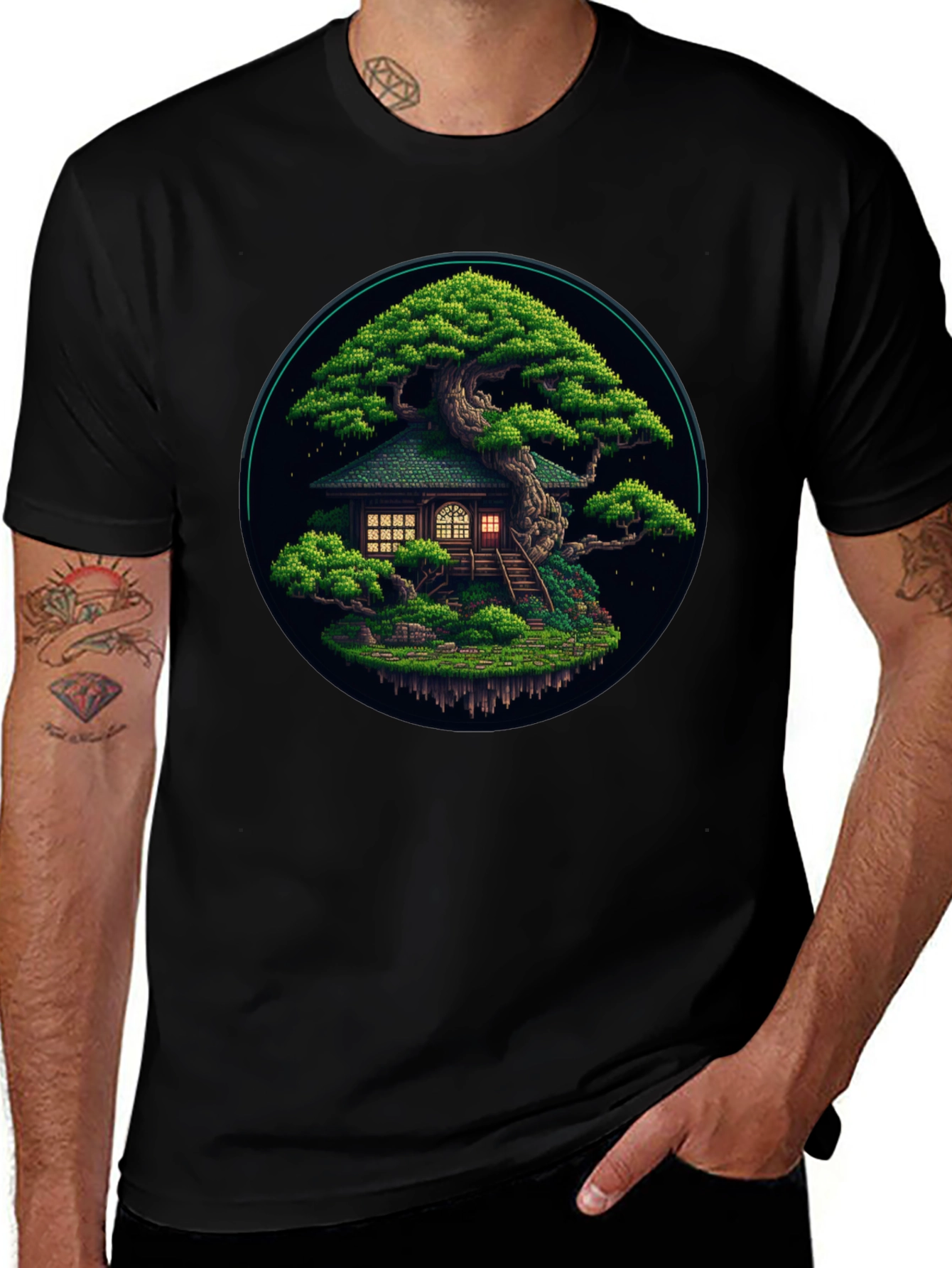 Variant 8 of Pixel Art Bonsai Tree House Black T-Shirt