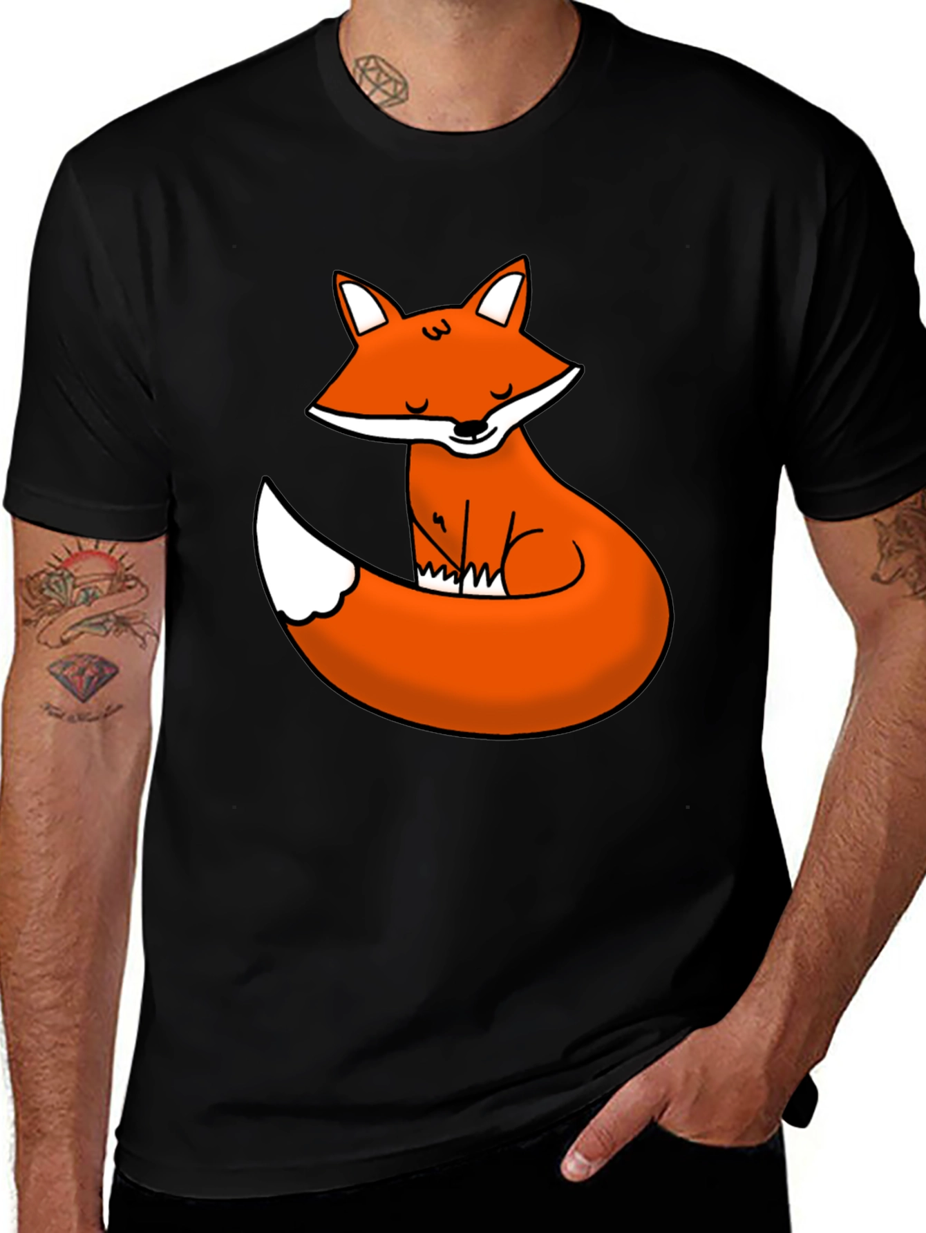 Black Cute Fox Graphic Tee - Black Cotton T-Shirt main image