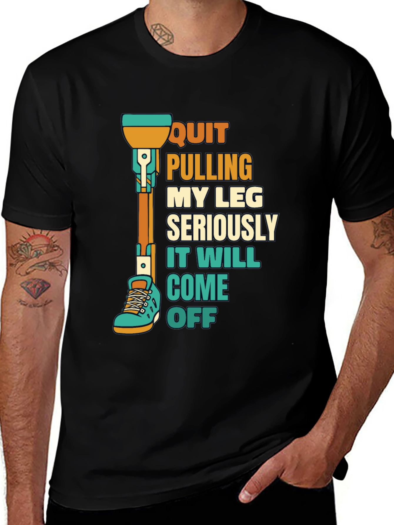 Black Quirky Leg Amputee Humor T-Shirt main image