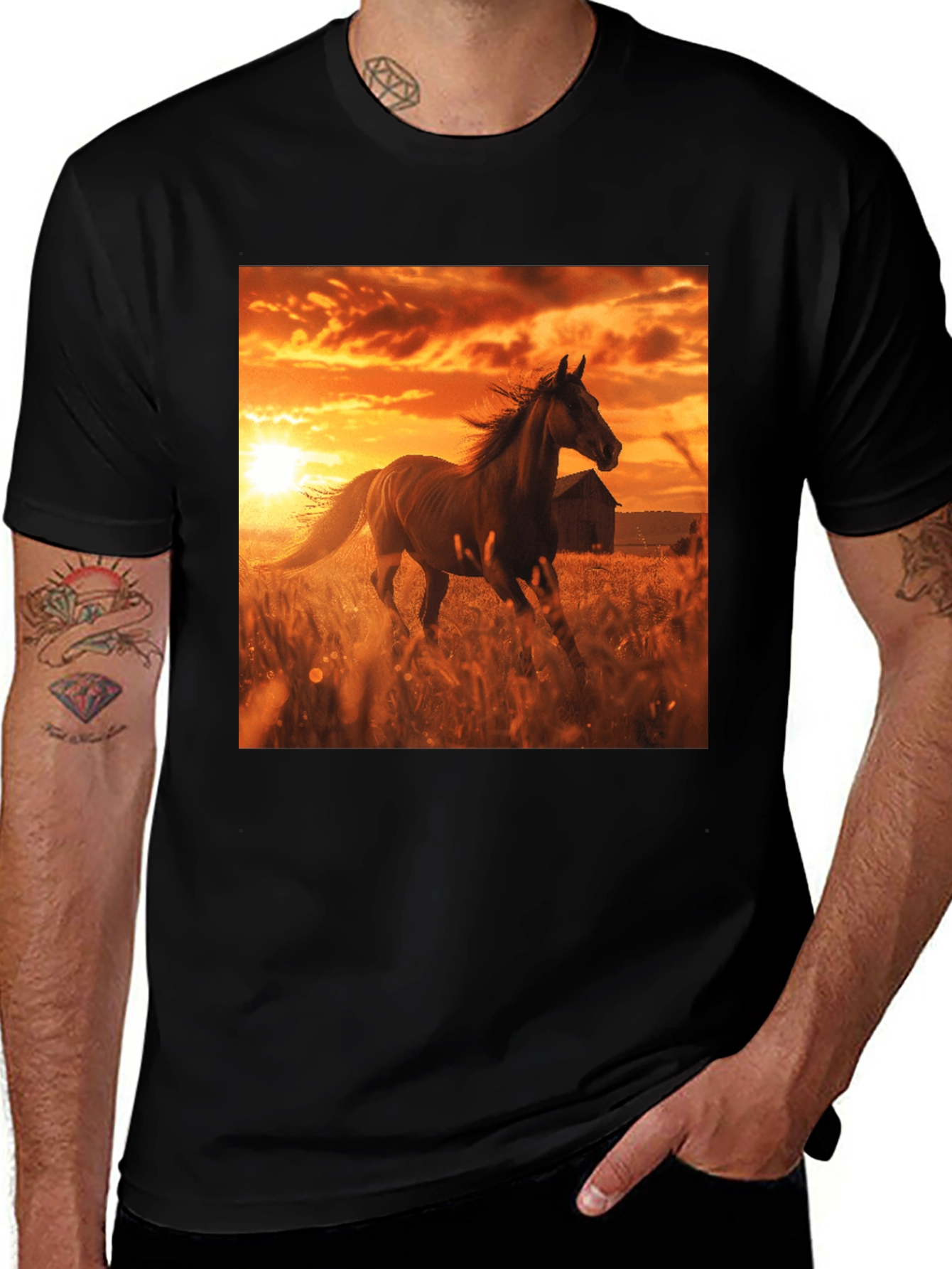 Variant 13 of Horse Sunset Graphic Tee - Black Cotton T-Shirt