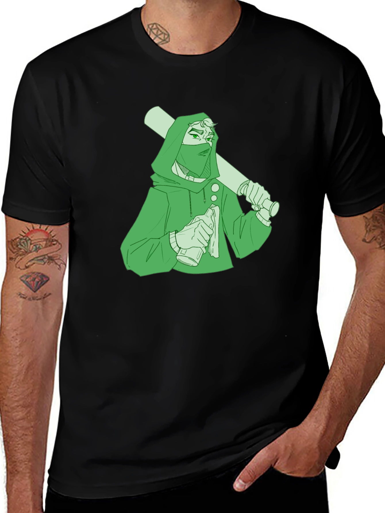 Graphic T-Shirt: Hooded Character with Baseball Bat