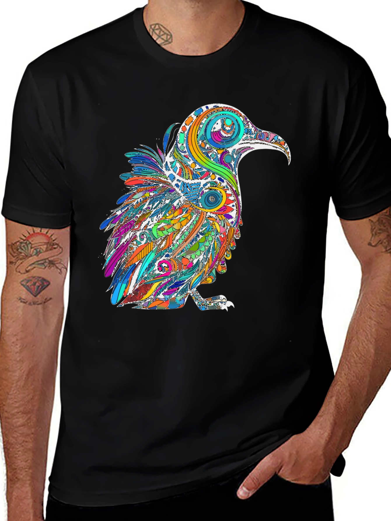 Psychedelic Raven Graphic T-Shirt - Black